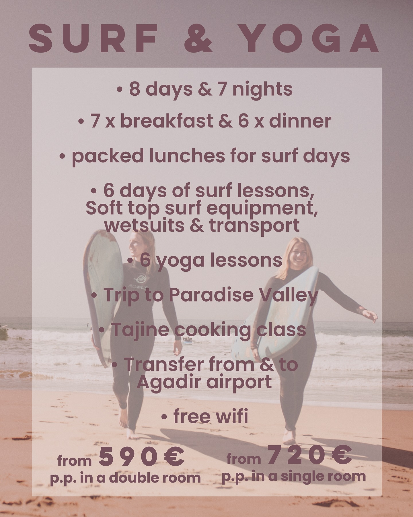 Let the ocean be your guide, the sun your compass, and the waves your playground. Join us at Wave Gypsy for a surf escape filled with golden sunsets, barefoot freedom, and the rhythm of the sea.
🌿 Slow mornings & salty skin
🏄♀️ Surf sessions for all levels
🌞 Lazy beach days & bonfire nights
🧘♀️ Yoga to flow with the tides
Pack light, bring your spirit, and let’s chase the waves together.
📩 Message us to book your spot!
#BohoSurfVibes #OceanSoul #WaveGypsy #Tamraght #Taghazout #surfholiday