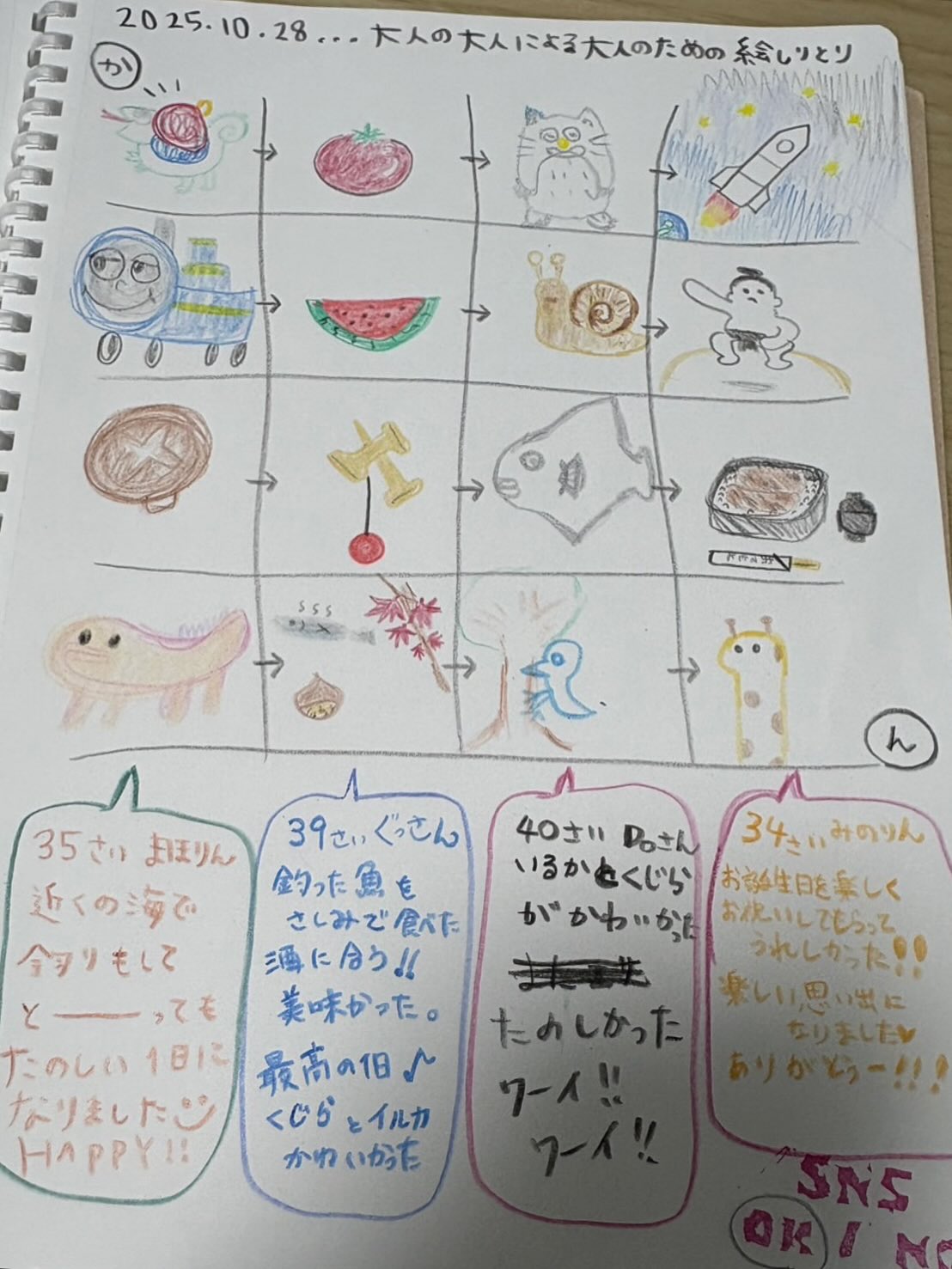 先日 心結ゲストハウス太地店 にご宿泊の4人のお友達グループ様からの ゲストノートにかわいいしりとりの絵とメッセージをいただきました✨
🟢 35さい まほりん
近くの海で釣りをしてとーーーってもたのしい1日になりました☺️
HAPPY!!
🔵 39さい ぐっさん
釣った魚をさしみで食べた酒に合う!!
美味しかった。
最高の1日〜
くじらとイルカかわいかった
🟣 40さい Doさん
いるかとくじらがかわいかった
たのしかった
ワーイ!! ワーイ!!
🟠 34さい みのりん
お誕生日を楽しくお祝いしてもらってうれしかった!!
楽しい思い出になりました
ありがとう〜!!
皆様でみのりんさんのお誕生日をお祝い🥂🎊されたとのこと、素敵な思い出になっていますように✨
また是非遊びに来てくださいね🥰
The other day, a lovely group of four friends who stayed at Kokoyui Guesthouse Taiji left us the cutest drawing and messages in our guest notebook✨
🟢 Mahorin (35)
We went fishing by the nearby sea and had such a fun day☺️
HAPPY!!
🔵 Gussan (39)
We ate the fish we caught as sashimi — perfect with sake!!
It was delicious.
Such a great day!
The whales and dolphins were so cute🐋🐬
🟣 Do (40)
The whales and dolphins were adorable!
I had so much fun!
Yay!! Yay!!
🟠 Minorin (34)
I was so happy to celebrate my birthday with everyone!!
It became such a wonderful memory.
Thank you so much〜!!
They also celebrated Minorin’s birthday together 🎂🥂✨
We hope it became a beautiful memory for all of you.
Please come visit us again someday🥰
#心結ゲストハウス太地店
#KokoyuiGuesthouse
#TaijiJapan
#GuesthouseJapan
#大人の癒し旅
#癒しの時間
#ここゆいのある日
#旅の思い出
#GuestNote
#絵しりとり
#ゆったり時間
#のんびり旅
#太地町
#WhalesAndDolphins
#BeautifulMemories
#HealingTrip
#RelaxingStay
#SlowTravel
#大人の休日
#海のある暮らし