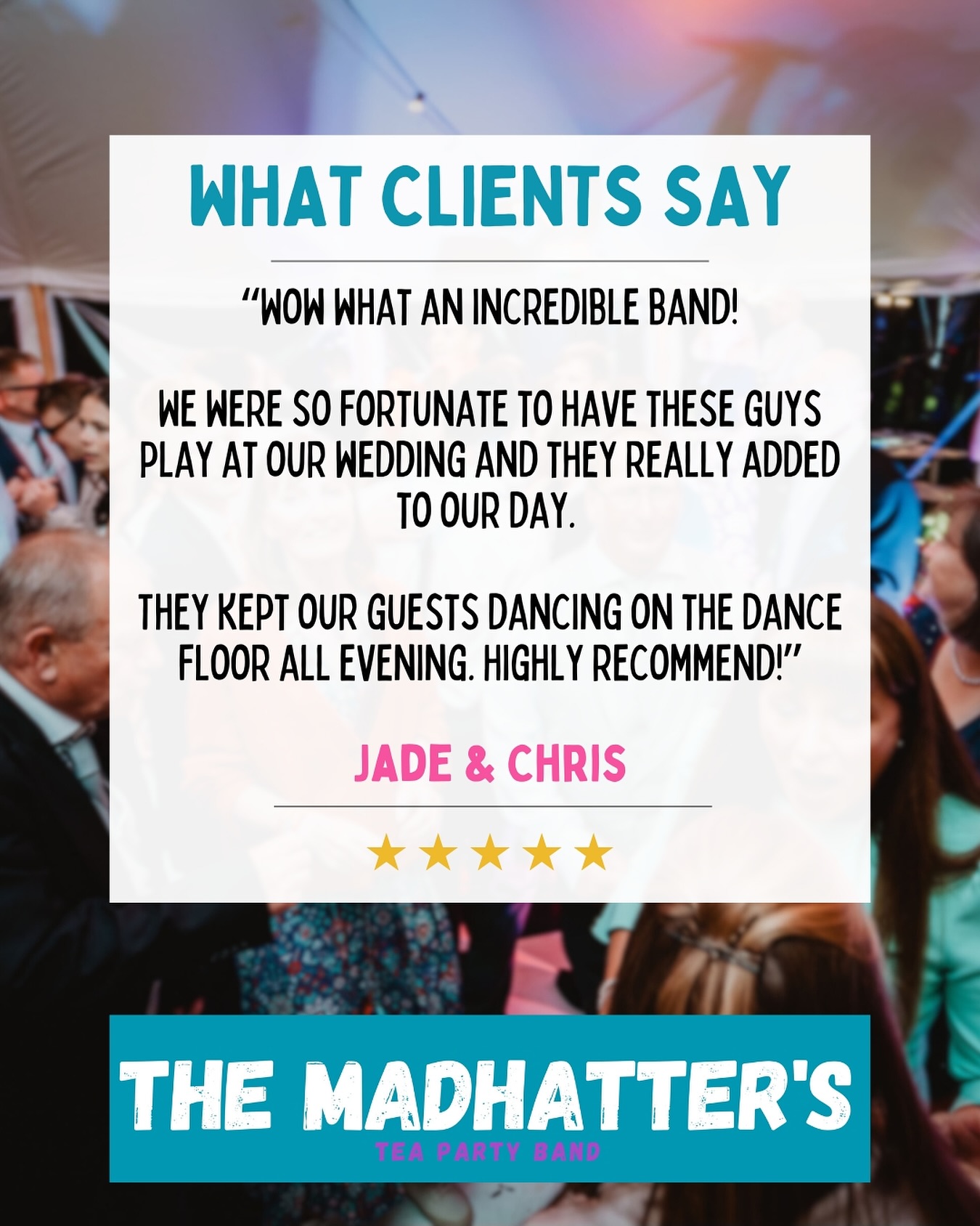 💬 Dancefloor Buzz
Full dance floors, happy couples, and nights we’ll never forget 💍🎶
Thank you Jade & Chris for the amazing words — and for one unforgettable party!
#TheMadhattersTeaPartyBand #WeddingEntertainment #LiveWeddingMusic #DanceFloorFiller #UKWeddingBand #Review