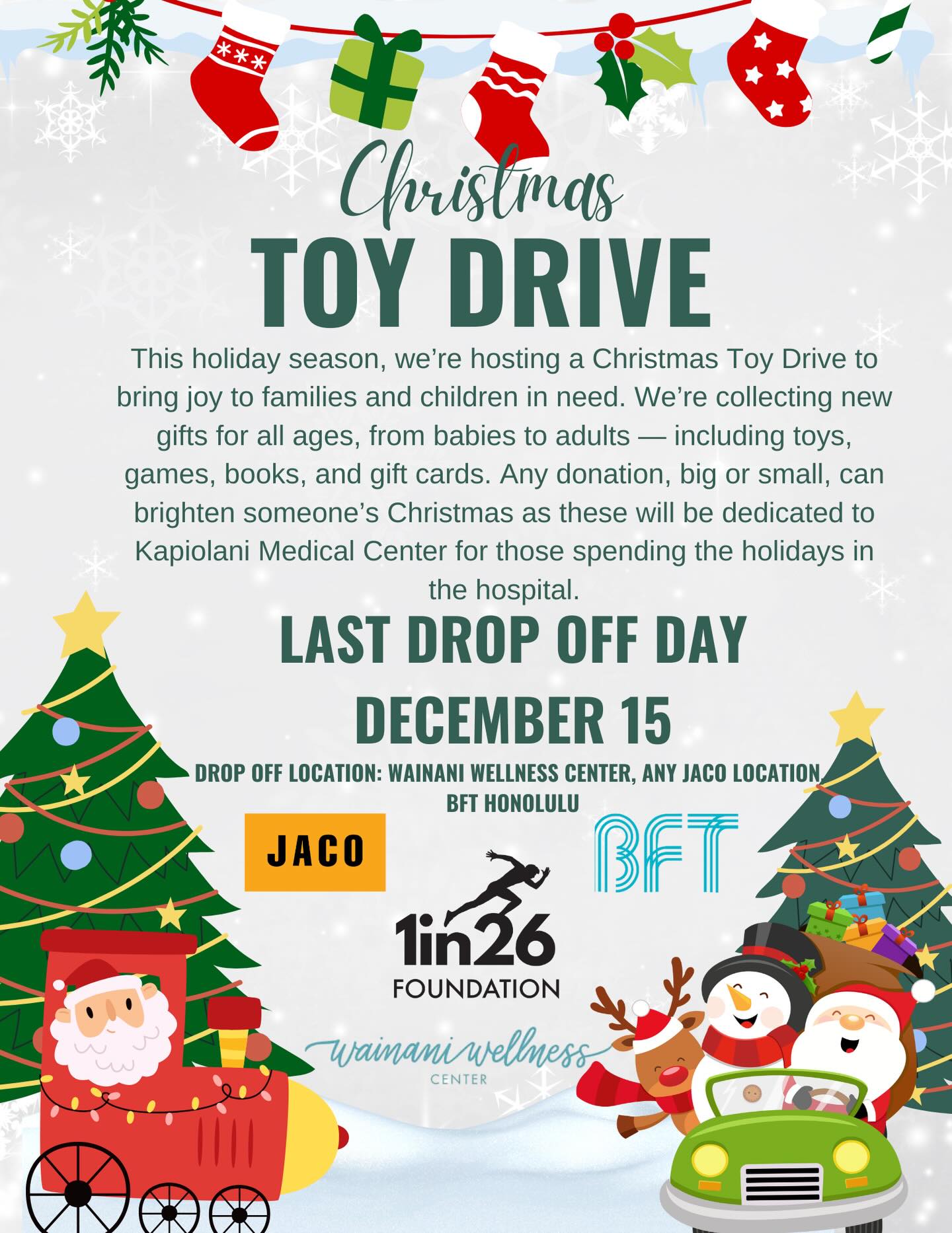 Tis the season!🎁 This month we will be partnering up to bring Christmas to those who will be in the hospital this holiday season. Dedicating to Kapiolani’s Women’s & Children medical center for all those from newborn-21years old, while also donating to moms-to-be who are on bed rest. Any gift big or small makes an impact in someone’s life this year. Join along in spreading Christmas cheer for our community today!🎄
Drop off locations 🎅🏻
@wainaniwellnesscenter
@bft_honolulu
@teamjacohawaii