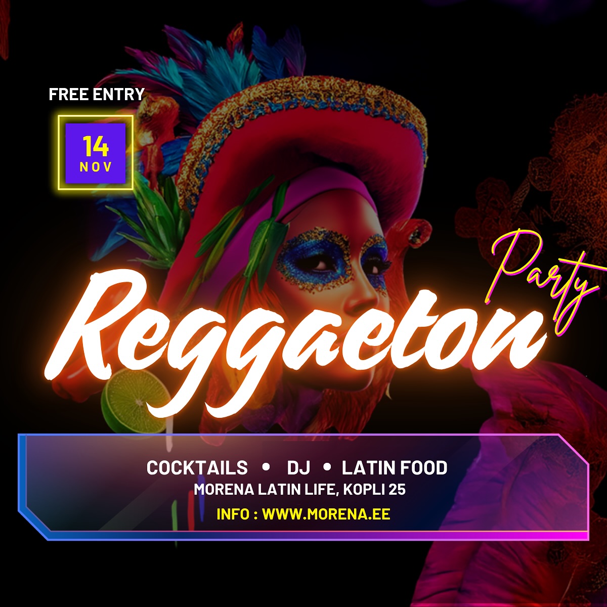 Kick off your weekend with Reggaeton party in Morena
Join us at Morena for a full Latin experience from fiery Reggaeton hits, authentic cocktails and latin food favorites.
What’s waiting for you:
🔥 Reggaeton + Latin hits all night long
🍹 Margaritas, mojitos & authentic Latin food
🪩 A high-energy dance floor from start to finish
👯 Table bookings available for your crew
📅 Friday, 14 November
📍 Morena, Tallinn
🎟️ Free entry before 23:00
Bring your friends, grab a drink, and lose yourself in the music.
Tables go fast — book now:
→ DM us or reserve here: https://www.morena.ee/reservations
📍 Morena is Tallinn’s go-to Latin restaurant and cocktail bar — a place where Peruvian ceviches, Argentinian steaks, and vibrant tacos meet Reggaeton beats and weekend energy.
It’s the one night everyone ends up at Morena.
