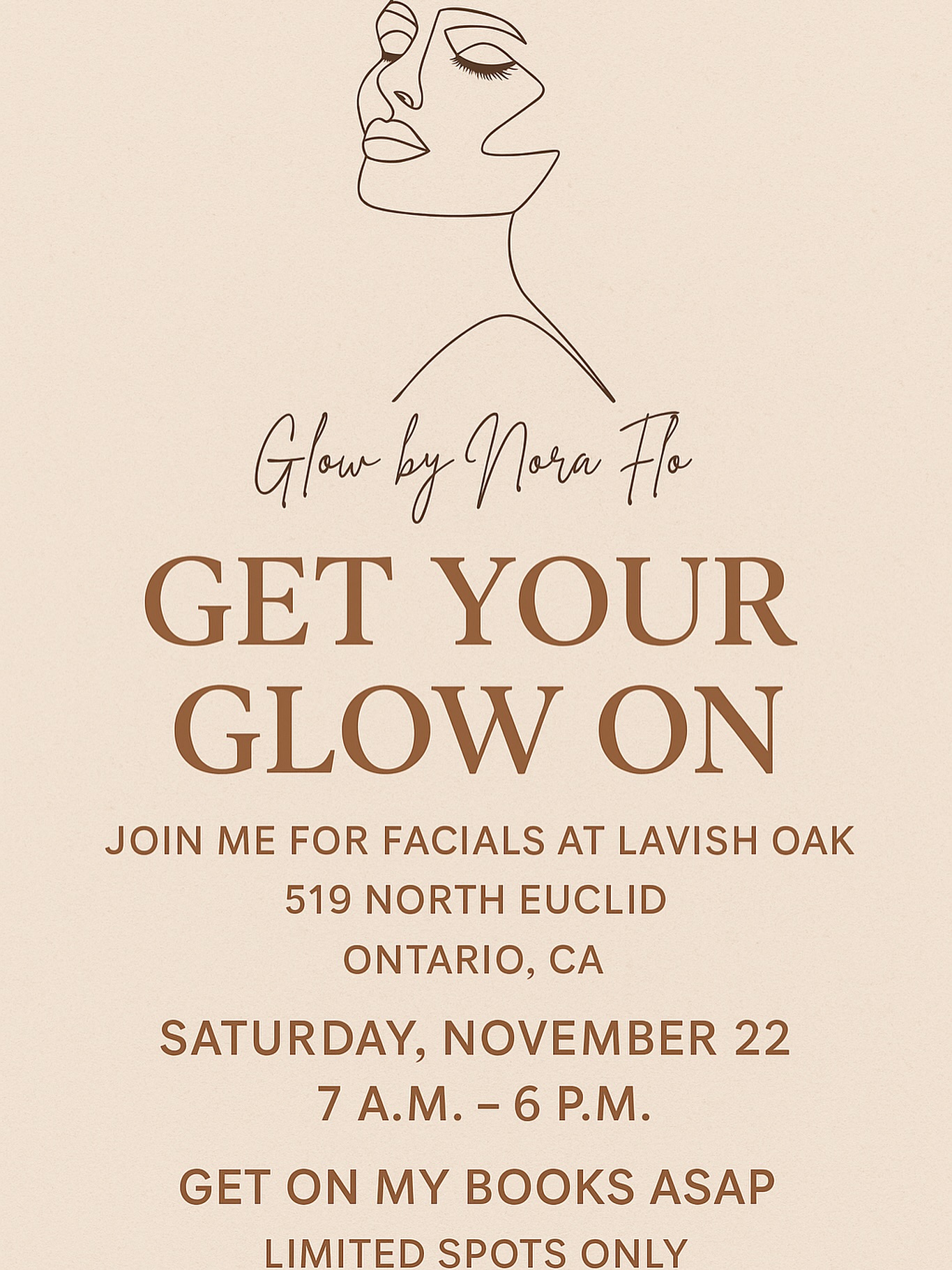 IE girlies… I’m coming to you 🤎✨
I’ll be at Lavish Oak in Ontario, Saturday, Nov. 22 for a one-day-only facial pop-up! Just in time to get your glow on before Thanksgiving 🦃🍂
Let’s get you glowing for your holiday photos, family time & all your cozy fall moments ✨
Limited spots available and you must pre-book to secure your appointment.
Note: Some times are already taken, so DM to reserve your spot ASAP 🤎
#ontariofacials #glowbynoraflo #iefacials #bookyourglow #downtownontario #ontariocalifornia #ontariobeauty
