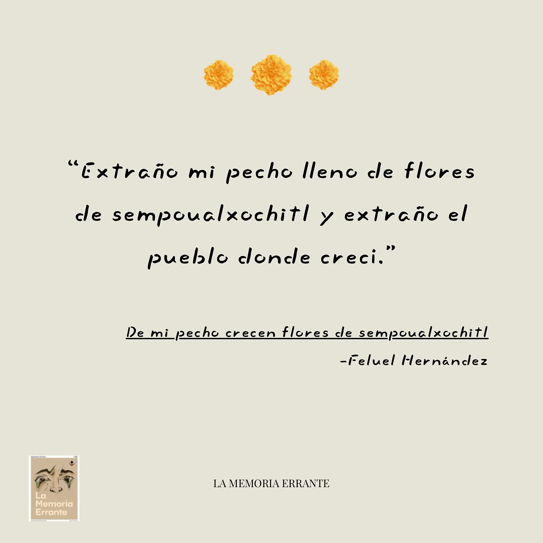 De mi pecho crecen flores de sempoualxochitl
Por Feluel Hernández @feluel__
“Extraño mi pecho lleno de flores de sempoualxochitl y extraño el pueblo donde crecí. Extraño las noches tranquilas y silenciosas de cuando era niño porque desde hace mucho solo me concentro en atrapar el sueño. Incluso me he comprado un laso y una jaulita así como me aconsejaba mi abuelo. Trato de dejar pedacitos de pan, pero ni aun así logro conseguir aquello que tanto anhelo. ¿Qué es? No lo sé con seguridad, no sé si son los retazos que se me han caído con el tiempo o pequeños brotes que puedan sobrevivir dentro de mi pecho.“
Texto completo en Letras quietas 👁️
.
#escritor #escritormexicano #revista #revistadigital #revistacultural