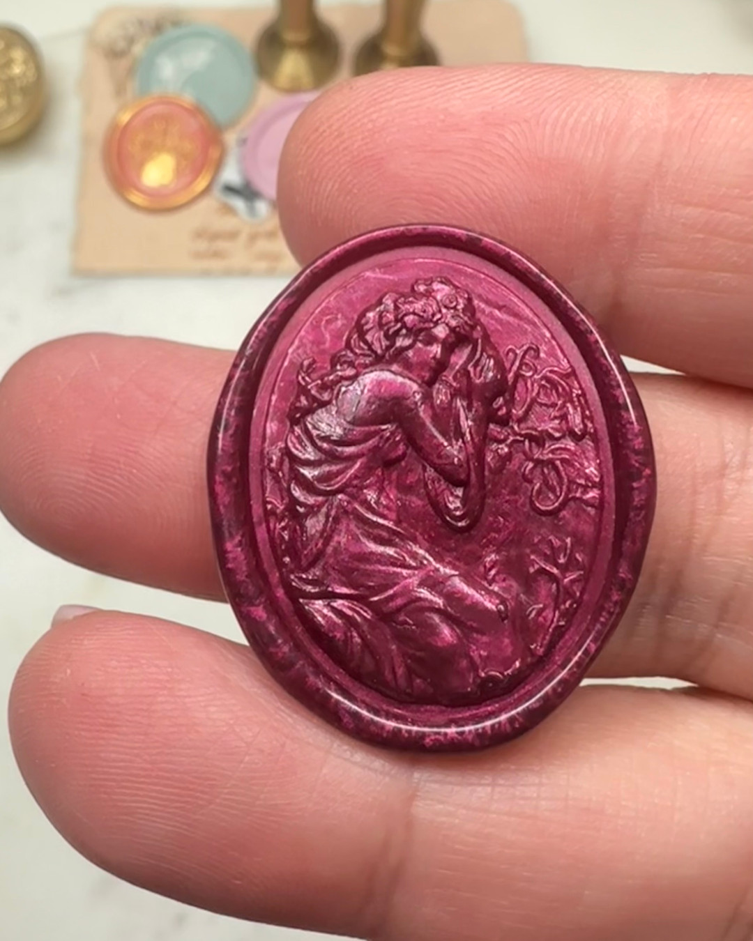 ✨ Unleash your creativity with our Athena wax seal design! 🌟 Inspired by Greek mythology, this seal measures between 2.5 to 3cm and you can custom her to suit your colour scheme. She shines in our Ruby colour doesn't she? #CustomWaxSeal #Spotlight #GreekInspiredWaxSeals