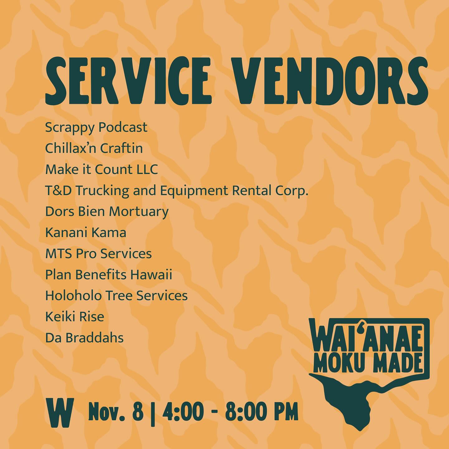Visit these Service Vendors at Wai’anae Moku Made.
.
Waiʻanae Moku Made
November 8, 2025
4:00 - 8:00 PM
#localsupportinglocal #westsideandproud #WEDC #wai’anaemokumade