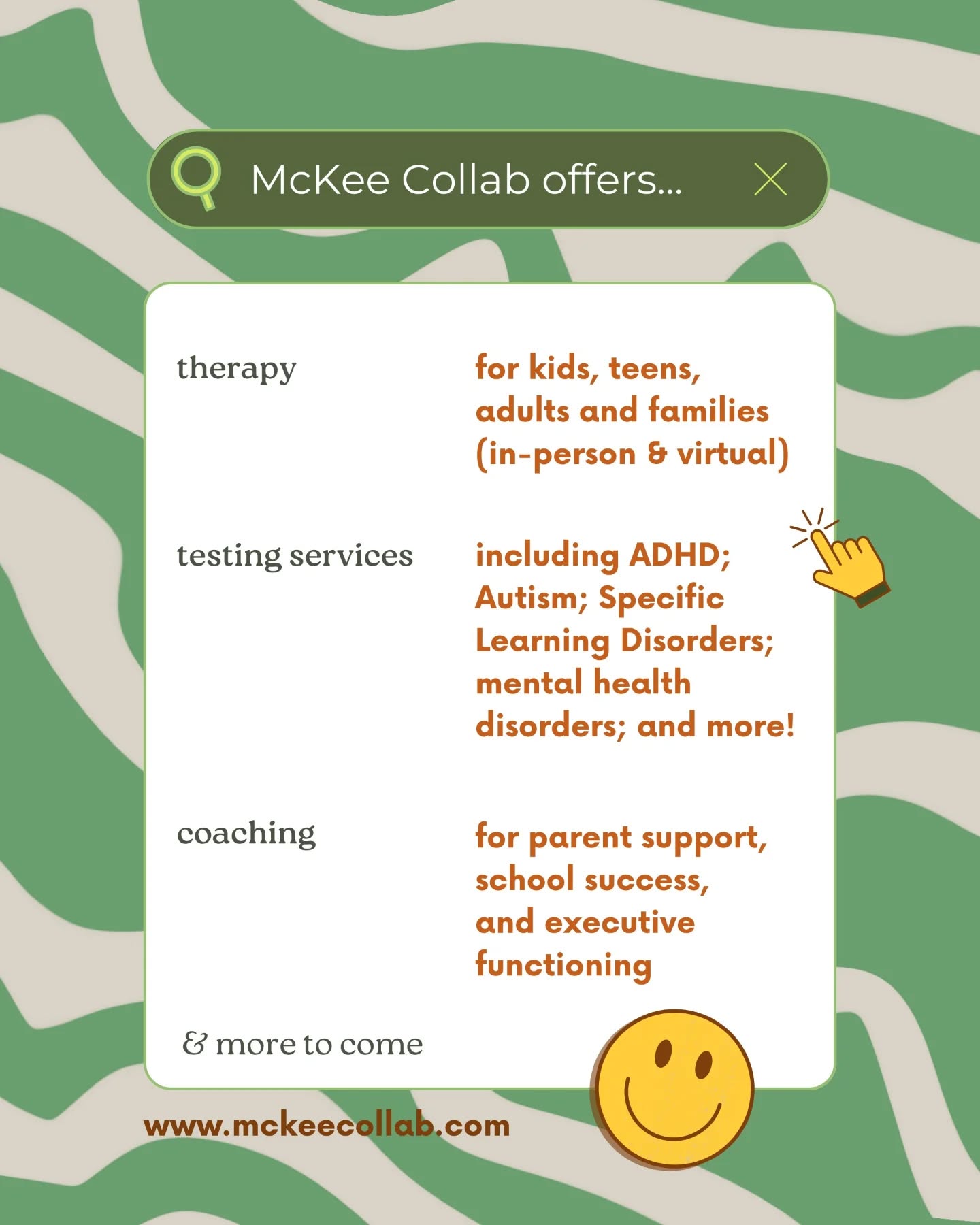 Services offered at McKee Collaborative Therapy include:
✅ Therapy for all ages
✅ A range of testing packages to answer questions important for you or your child's wellbeing
✅ Parent consultations, school support, and executive functioning coaching to meet you where you're at and help you find lasting success
✨ Plus! We love building community connections and partnering with area professionals to better support our kids and families. Let's collaborate!
Reach out to our team today for more information or to get scheduled. We're excited to get started!
#mentalhealth #mckeecollaborativetherapy #durhamnc #nctriangle #therapy #psychologist #coaching #executivefunctioning #adhd #psychologicaltesting #communitypartners