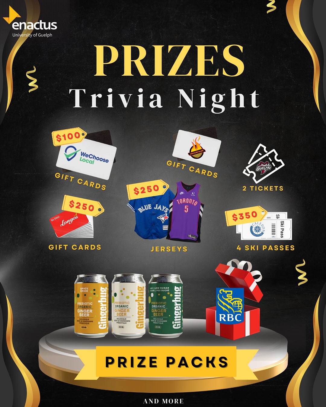 Enactus Trivia Night prizes! Thank you to all our sponsors!
Prizes:
@wechooselocal - Gift cards
@jerseyheaventoronto - Jerseys
@caledonskiclub - 4 Ski Passes
@guelph_storm_ohl - 2 Game Tickets
@drink.gingerbug - Prize Pack
RBC on campus - Prize Pack
@longosmarkets - Gift Cards
@souvlakiflameguelph - Gift Cards
@rotaryguelph
📅 November 12th | ⏰ 7–9 PM
📍 Brass Taps
🎟 Tickets just $5 – grab yours through the Bounce link in our bio.
#enactus #enactusguelph #enactuscanada #uofg #uofguelph #universityofguelph #team #sustainability #trivia #trivianight #prizes #brasstaps #bounce #bounceguelph