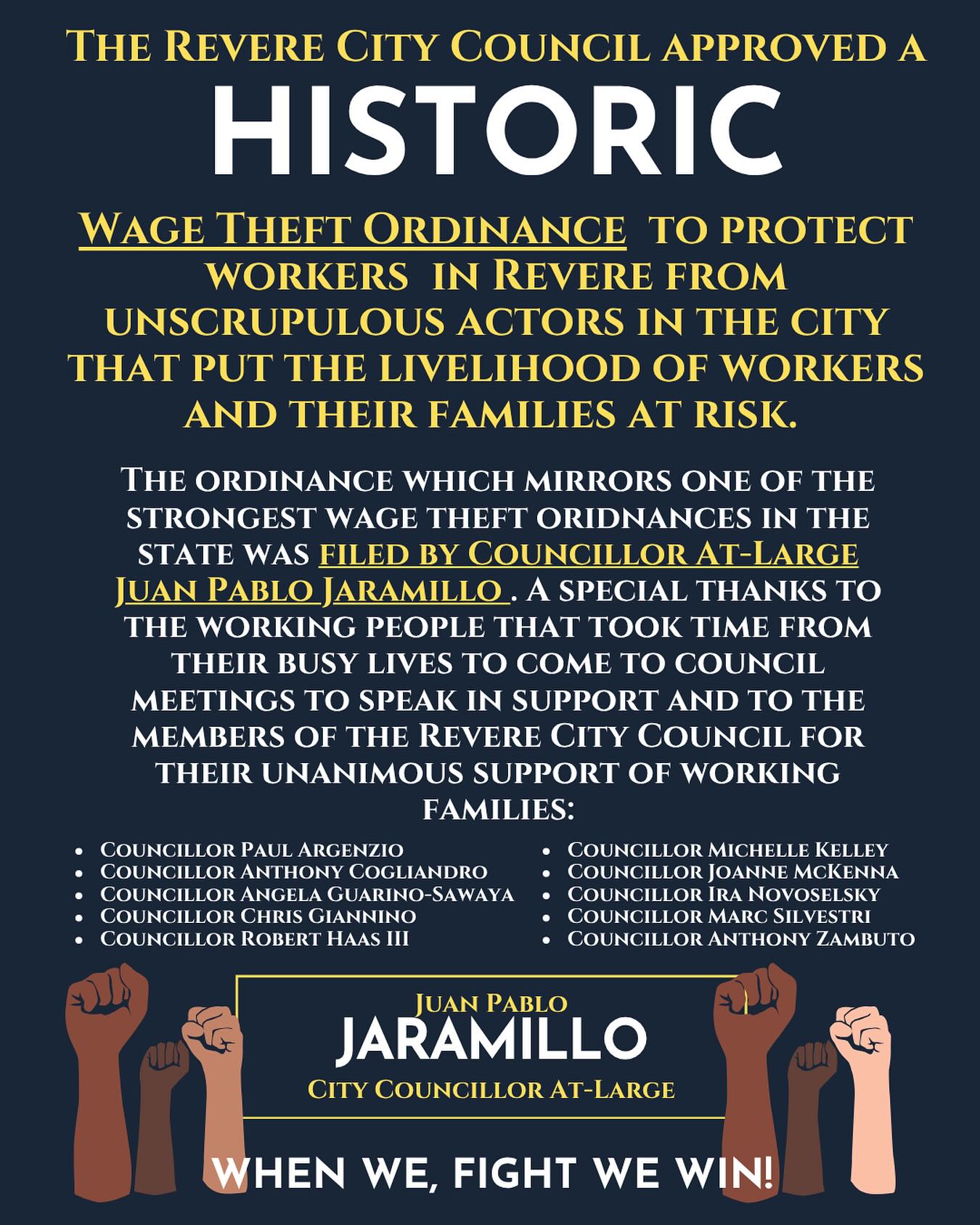 On my way to the council meeting today, I still didn’t know what to say in support of the Wage Theft Ordinance that my colleagues and I have been working on for a while. Then I bumped into a book about the janitor strike in 2002 and was reminded why I do this work. The heroes of this win however are the hard working people who showed up after work instead of spending time with their families to advocate for themselves and for their future. Shoutout to Salem Councillor @jeffcohenforward5 for coming to Revere to speak in favor.