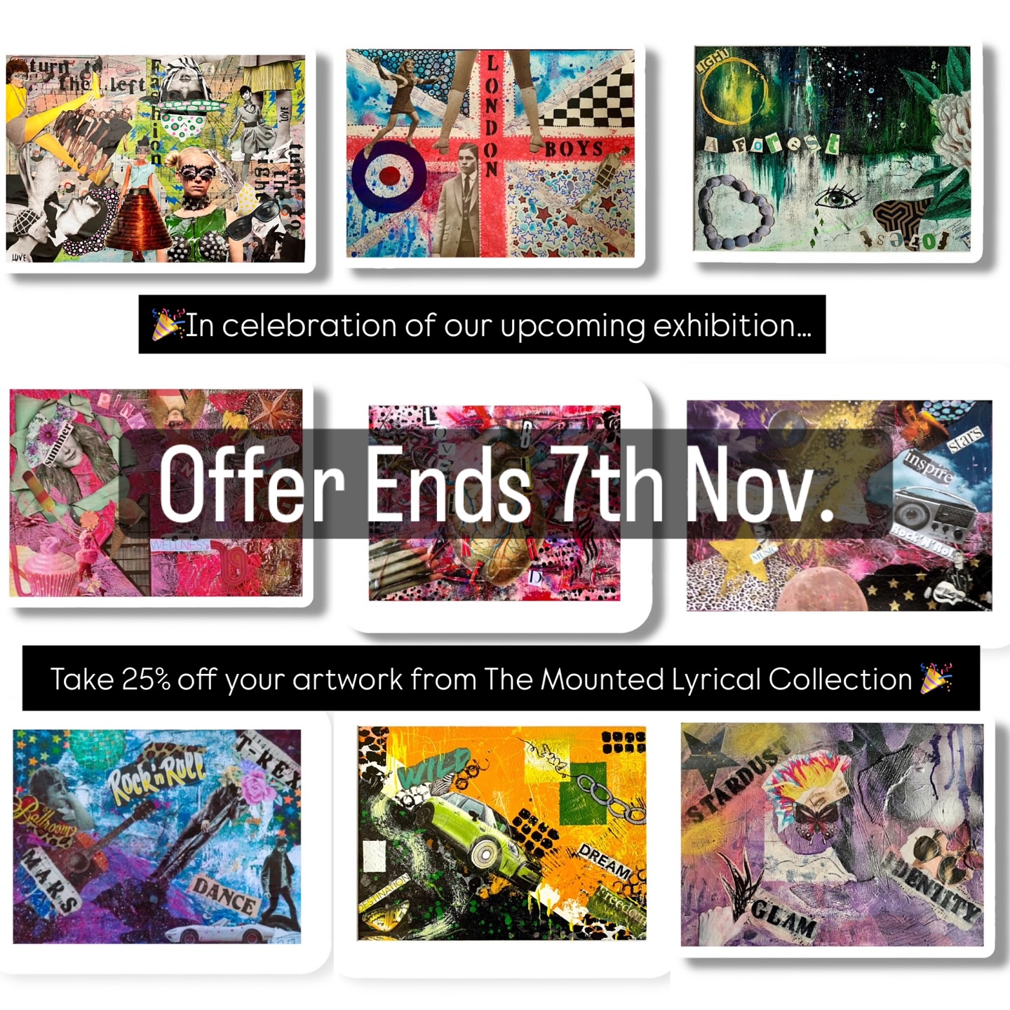 Discount alert! 📣
Don’t forget, the offer is still valid on my ‘Mounted Art Collection’ and you can get a massive 25% off your order of mounted art until 7th Nov.
Simply add the code EXTRA25 at checkout.
Find these artworks and more at:
www.stardustacrylicart.com
(Offer excludes prints)
#stardustacrylicart #songart #musicart #artinspiredbymusic #artforsale #artdiscount #mountedart #collageartist #ukartist #ukcollageartist #mixedmediacollage #musicfans #musiclovers