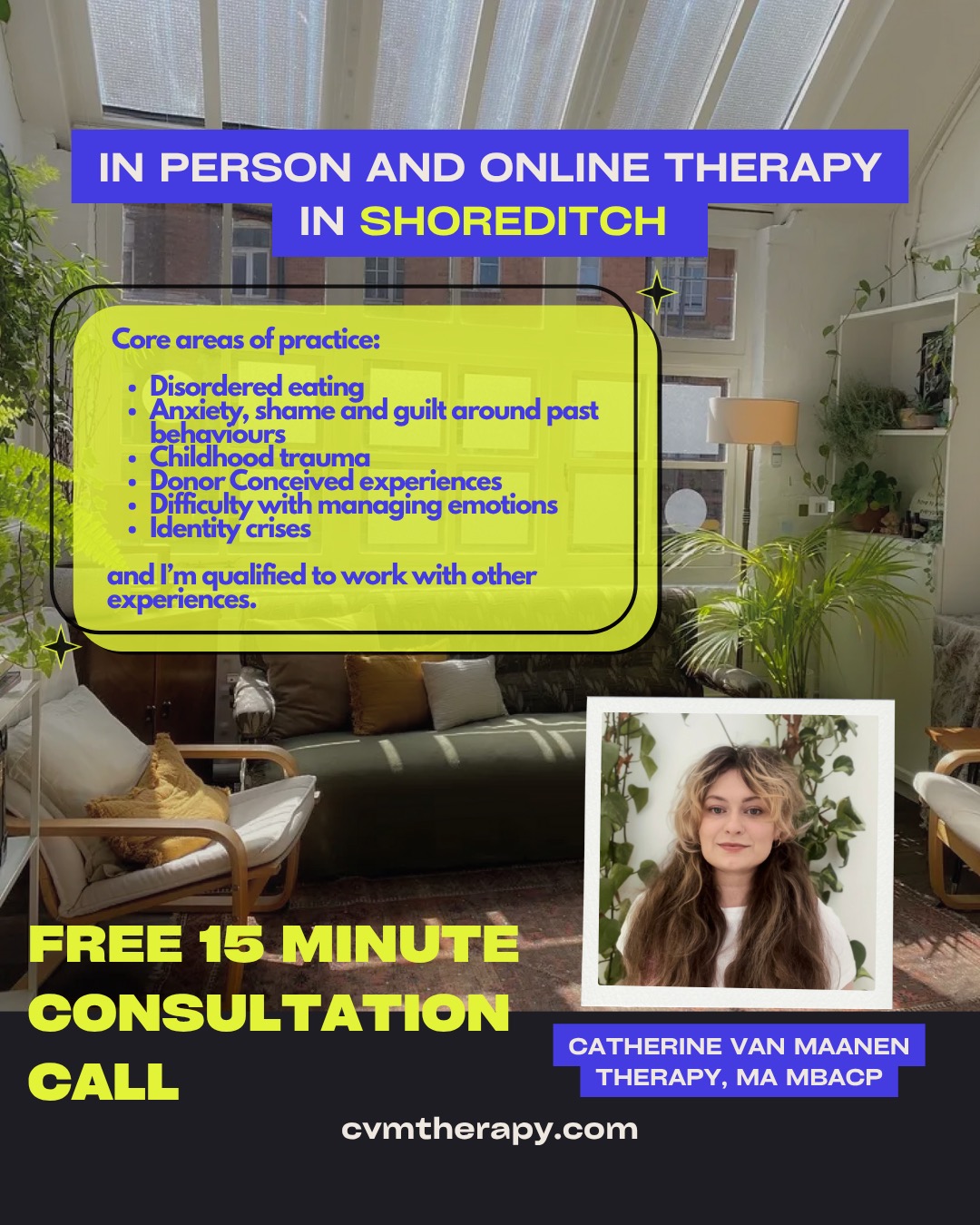 Hello! 😌🌿 Welcome to the calmer and compassionate side of the app. My name is Cat and I am an integrative psychotherapeutic counsellor, which essentially means I tailor my approach and the way I work dependent on you! I work in Holborn, Buckhurst Hill, and now ... Shoreditch! If you have decided that your next step is therapy, you are looking for someone creative and also a bit of a grandma at heart, then please do get in touch to find out more.