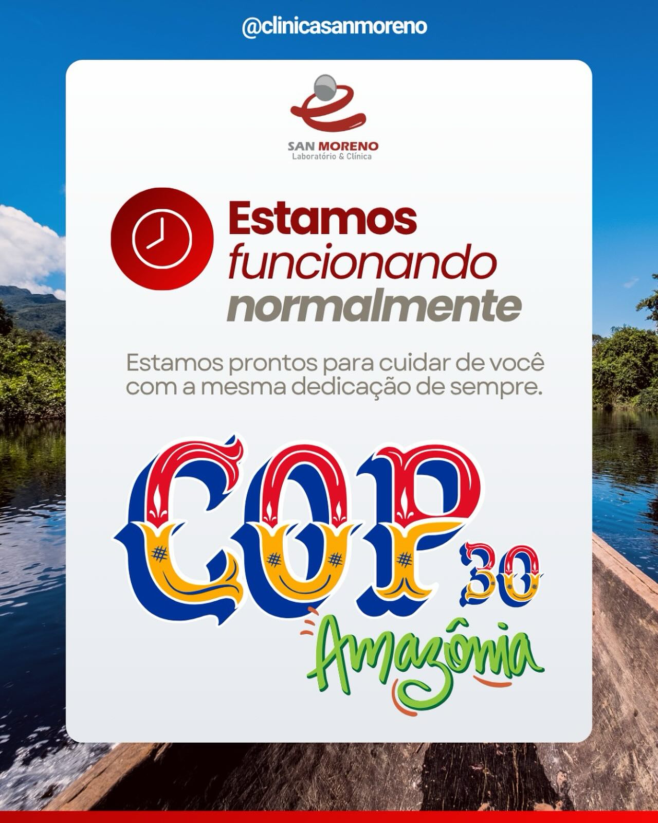 Informamos que, durante a realização da COP em Belém, nossos atendimentos ocorrerão normalmente, sem alteração nos horários de funcionamento.
A Clínica San Moreno permanece à disposição de nossos pacientes.
Conte conosco.