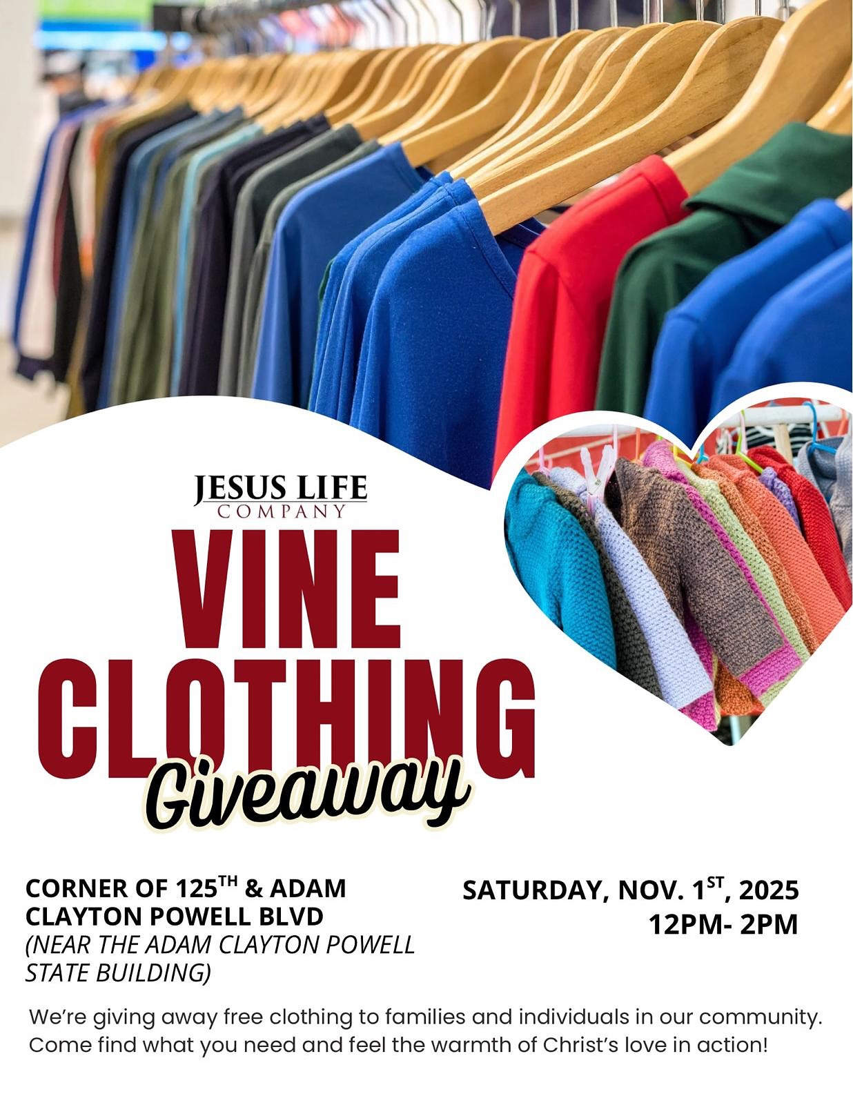 Wow — only a month since our Walk for a Soul, and we’re already kicking off our first ever Vine Clothing Giveaway!
This Saturday, our team will be setting up at the Adam Clayton Building to share love, dignity, and care through every piece of clothing. After spending the weekend sorting and sanitizing donations, we’re ready to serve our community with open hearts!
Join us from 12 PM to 2 PM for free clothing, shoes, music, and connection. Let’s keep walking out love together — one act of kindness at a time.
“I am the Vine, you are the branches.” – John 15:5
#thevineclothinggiveaway #thejesuslifecompany #clothedinlove #harlem #jesuscares #communitycare #walkforasoul #harlemcommunity #bethehandsandfeet