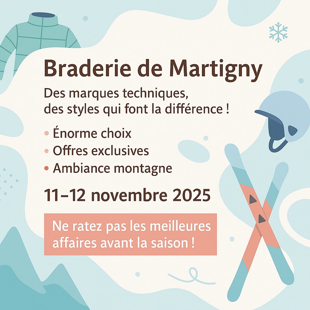 🔥 Les bonnes affaires débarquent à Martigny !
Chabloz Sport sera présent à la Braderie de Martigny les 11 et 12 novembre 🏷️
Profitez de jusqu’à -70 % de rabais sur une sélection exceptionnelle :
Vêtements de ski et prêt-à-porter : Crazy, Colmar, Goldbergh, Millet, Picture, Roxy, Napapijri…
Skis et chaussures : Atomic, Dynastar, Head, Kästle, Völkl, Lange…
Et aussi une foule d’accessoires : lunettes, masques, gants et plus encore 🎿
C’est le moment idéal pour s’équiper avant l’hiver ❄️
Les stocks sont limités – ne manquez pas cette occasion !
#chablozsports #braderiemartigny