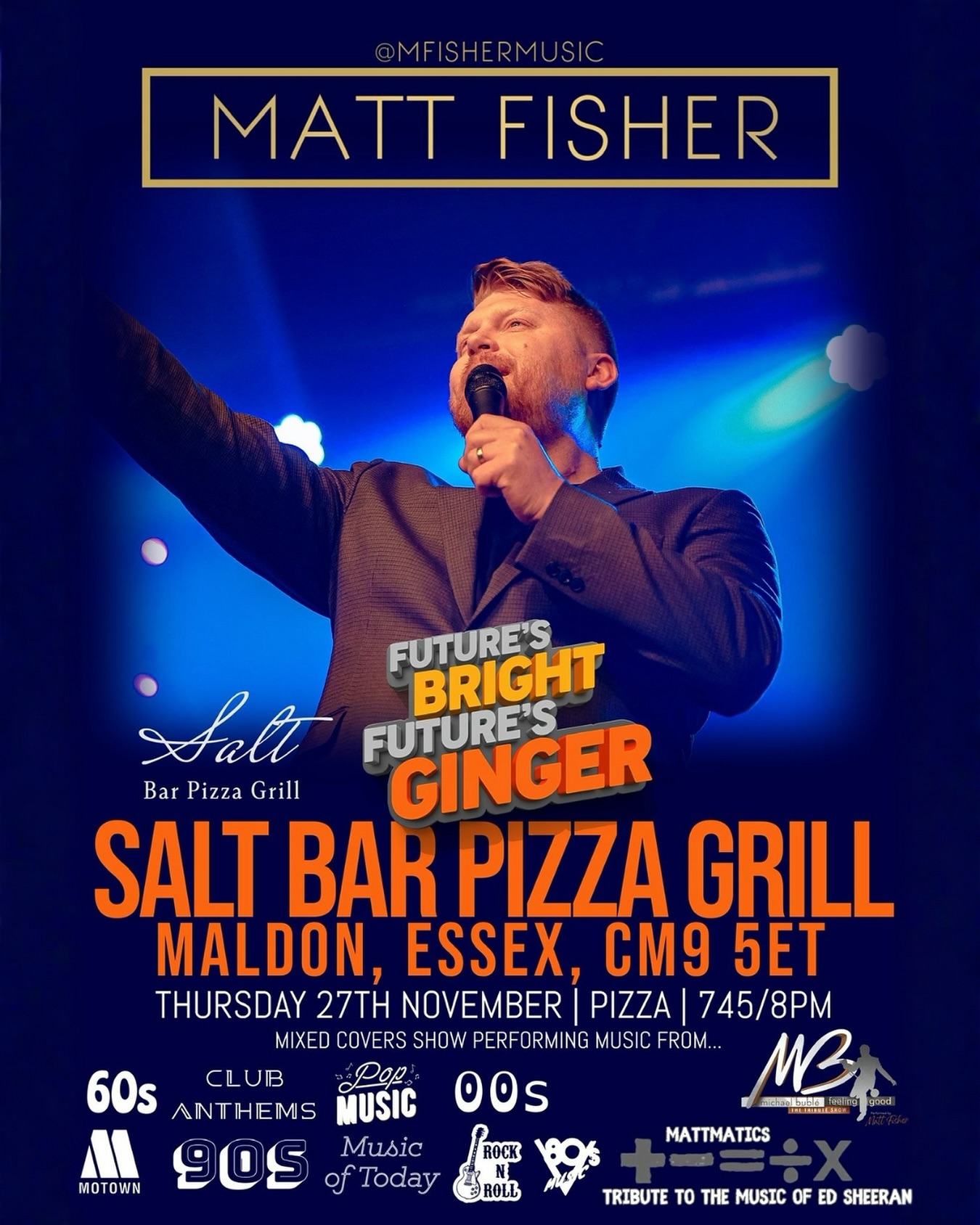 Live music night in Maldon 🎤🩵
Join us at Salt Bar Pizza Grill for an evening with Matt Fisher performing a mixed covers show from Motown, 60s, 90s, club anthems, rock n roll and even a tribute to Ed Sheeran. Pizza, drinks and feel good music all in one place.
📍 Salt Bar Pizza Grill, Maldon, Essex CM9 5ET
📅 Thursday 27th November
⏰ From 7:45/8pm
🌐 www.saltbarpizza.com
Future’s bright. Future’s ginger. 🧡
#saltmaldon #saltshow #maldonshow #maldon #maldonsalt