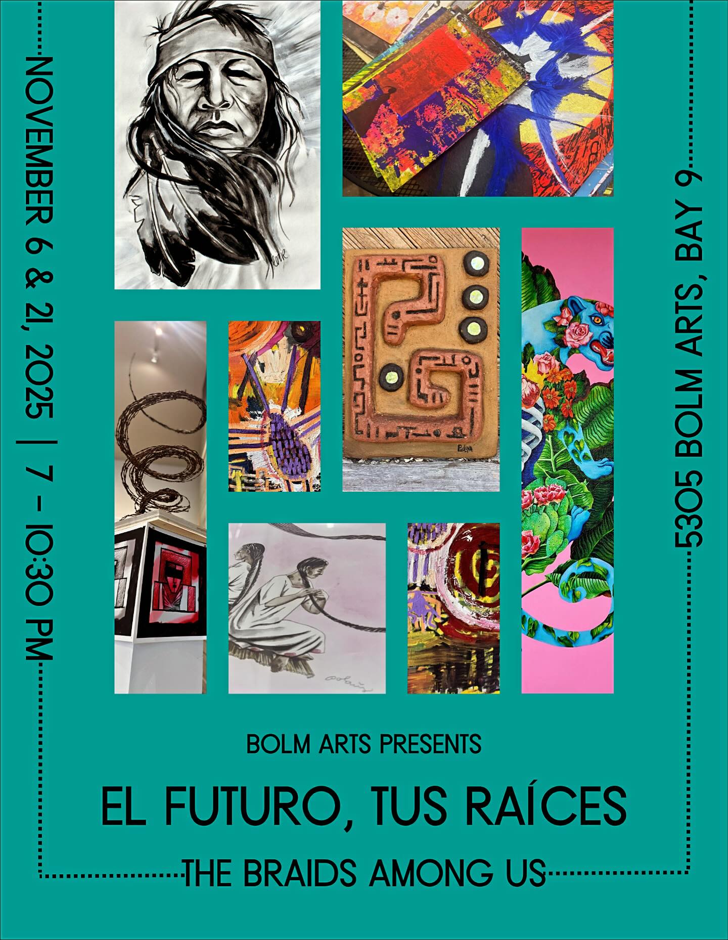 presents: EL FUTURO, TUS RAÍCES: THE BRAIDS AMONG US Opening tonight! Swipe to meet the artists!👌➡️➡️➡️
Exploring Latino–Indigenous Identity in art through artists whose work emerges from interwoven lineages, where histories meet, cultures merge, and identities braid into one living story.
Featuring artists from Mexico, Texas, Oregon, California, and beyond, this show highlights a tapestry of voices from Latin and Indigenous worlds—threads distinct yet inseparable. Step into a space where past and present intertwine as one shared horizon.
OPENING NIGHT CELEBRATION
Thursday, November 6 | 7:00 PM – 10:30 PM
Water Blessing by Andrea Cortez @mindbodymusiccenter & Mario Garza @marioland.orgs
Live music by Phoenix Amaterasu @phnx.wav and Hector from Easy Compadre!
CLOSING NIGHT CELEBRATION
Thursday, November 27 | 7:00 PM – 10:30 PM
Curandera Blessing by Bri Hermosillo — Death Doula, Medium & Curandera @ojopantera
Live music by Víctor-Andrés, @el_guambito lead vocalist of Austin’s renowned band Nemegata
GALLERY HOURS:
BY RSVP & DURING EAST AUSTIN STUDIO TOUR WEEKEND 1: NOV 8-9 ( SAT/SUN) 12:00 PM - 6:00 PM WEEKEND 2: NOV 15/15 (SAT/SUN) 12:00 PM - 6:00 PM
EVENT DETAILS
This event is free, family- and pet-friendly, with drinks provided in support of our sponsors.
SPECIAL THANKS TO OUR SPONSORS
@atxorganicsofficial @eldoradocafeatx @amayastacos @carabuenatequila Curated by: Elyse Gomez @elyse.g.omez and Julissa Gonzales @izmemario