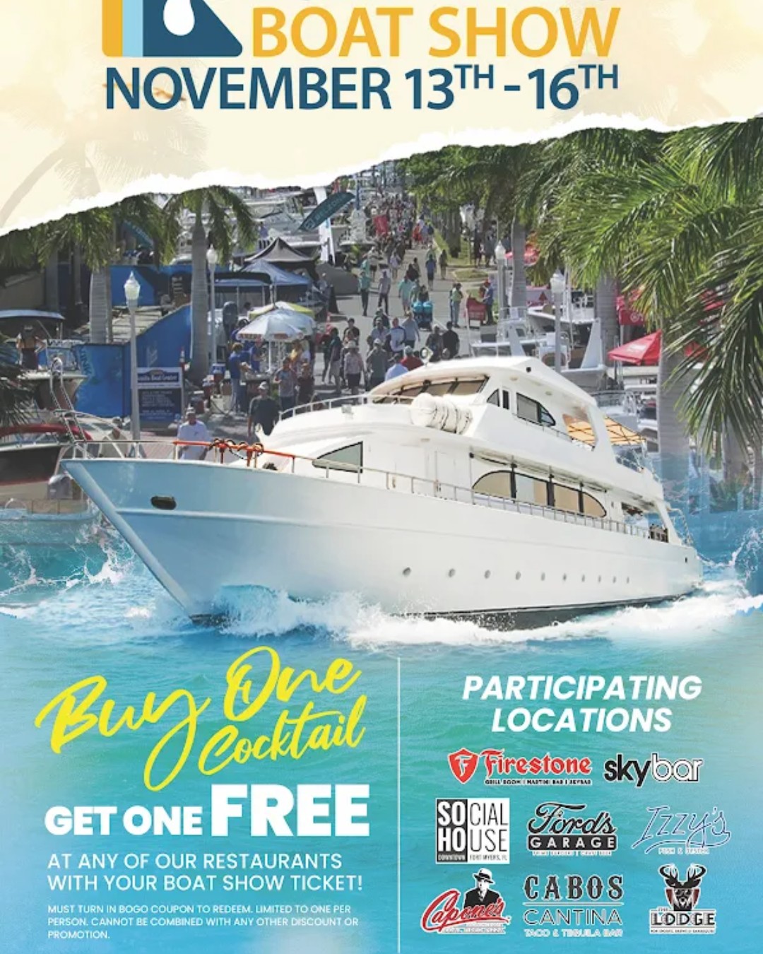 The Annual Fort Myers Boat Show is docking Downtown Nov 13–16! 🚤
Swing by after the show for tasty eats, cold drinks, and a BOGO cocktail when you present your boat show coupon to your server!
#FortMyersBoatShow #DowntownFortMyers #EventsInFortMyers