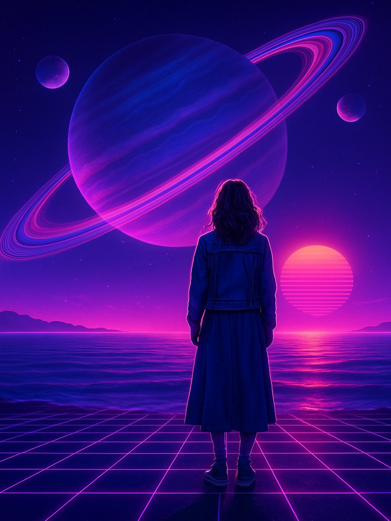 Imagine walking outside at night and instead of a tiny moon…
🪐 a massive gas giant fills HALF the sky.
Storms swirling. Lightning flashing inside its cloud bands.
Rings stretching like a neon halo.
Multiple moons drifting around you:
❄️ one icy and chrome-bright
🔥 one glowing from volcanoes
⚡ one zipping across the sky in a single night
Auroras everywhere. Coastlines shifting from massive tides.
Then the gas giant eclipses the sun and—
BOOM.
Copper-blue twilight.
Rings casting curved shadows across the world.
Every sunset becomes a cinematic space opera.
Total. Bodaciousness. Achieved. 🌌✨
#SpaceAesthetic #SynthwaveVibes #RetroFuturism #NeonSkies