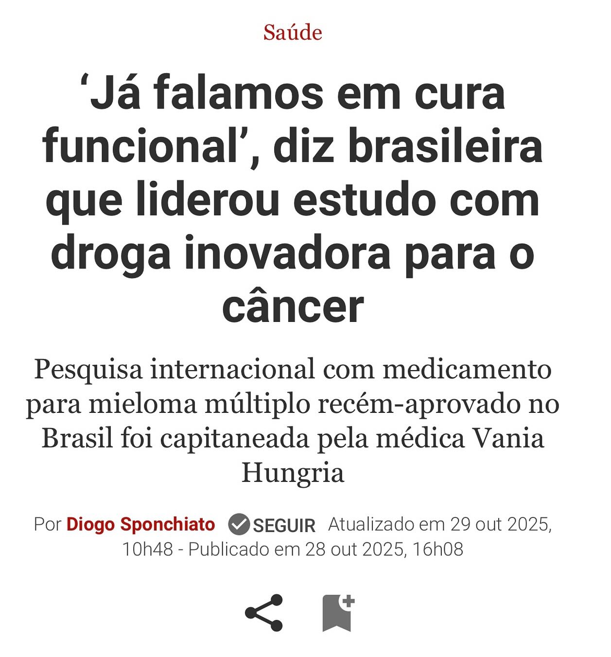 Nesta semana, nossa hematologista Dra. Vania Hungria foi destaque em matéria da revista Veja sobre uma nova droga para o tratamento do Mieloma Múltiplo.
Ela explicou como o Belamaf (belantamab mafodotin) age nas células do mieloma e contou como foi conduzir o estudo que levou à aprovacão da droga no Brasil.
A Clínica São Germano foi o centro de pesquisas que mais incluiu participantes para o estudo DreaMM-7 em todo o mundo, contribuindo significativamente para a aprovação do Belamaf no país.
Confira a matéria no link: https://veja.abril.com.br/saude/ja-falamos-em-cura-funcional-diz-brasileira-que-liderou-estudo-com-droga-inovadora-para-o-cancer/
#mielomamúltiplo #oncohematologia #pesquisaclínica