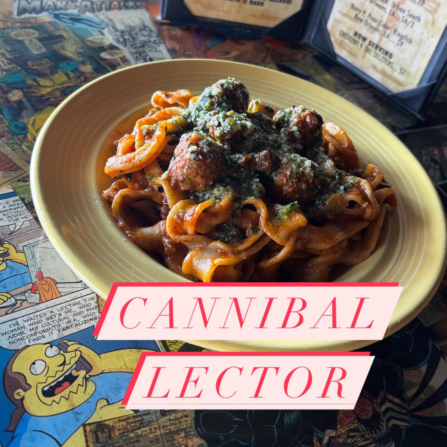 Happy Halloween! Come by early and fill up on this spicy bolognese with mini Italian meatballs and pesto drizzle. Then go take candy from strangers. 👻🎃🍬