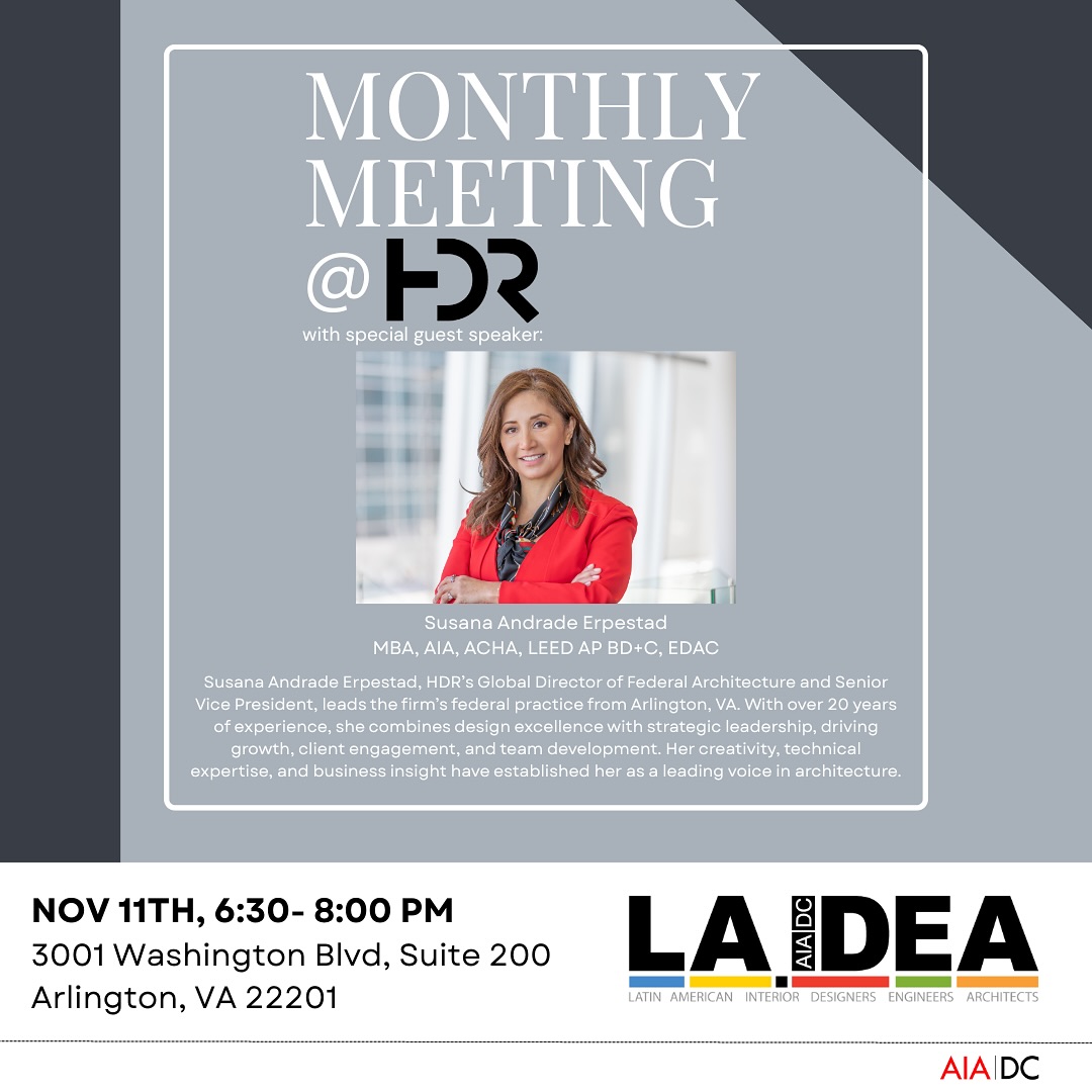Join us on Tuesday Nov. 11th, 6:30-8pm @ HDR for our November meeting ft. Susana Andrade Erpestad, HDR’s Global Director of Federal Architecture and Senior Vice President, as our special guest speaker!⭐️ Don’t miss her insights on design, strategy, and leading with purpose🤩
