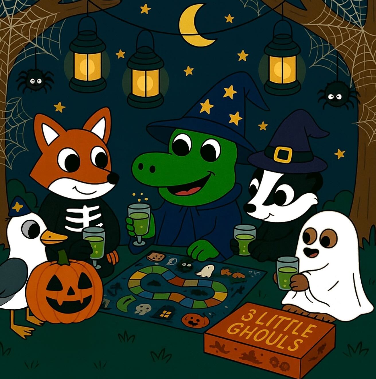 The Bristol Crocodile and his woodland friends have come together for Halloween! 🎃
They’re kicking off the spooky celebrations with a frightfully fun board game called 3 Little Ghouls and plenty of slushy green refreshments. 🧙♂️✨ Cobwebs, lanterns, laughter, the perfect Halloween night in the forest! 🌙🕷️
#thebristolcrocodile #HalloweenFun #SpookySeason #BristolIllustration #ChildrensBookArt #KidsIllustration #AutumnVibes #CliftonBridge #WoodlandFriends #CuteAndCreepy #PictureBookMagic #BristolArtists #GreenSludgeParty #3LittleGhouls #WitchyVibes