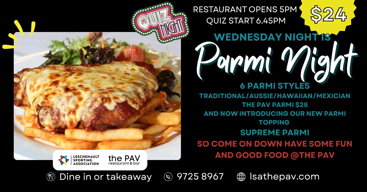 Itโs Quiz Night at The Pav! ๐ง ๐ป
Round up your mates and join us for a fun night of trivia!
Tonightโs special: Chicken Parmi โ only $24
Plus, weโve got Adrift Brewery on tap โ including their refreshing Ginger Beer!
Weโve still got a couple of tables free โ book now at lsathepav.com!