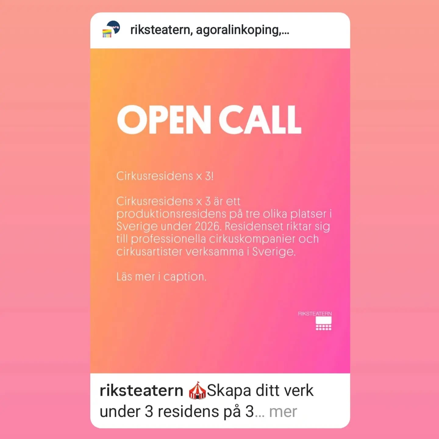 Delat inlÀgg frÄn @riksteatern med @agoralinkoping , @cirkus_i_vast , @riksteaternskane :
-------------
" đȘSkapa ditt verk under 3 residens pĂ„ 3 olika platser!
Cirkusresidens x 3 Ă€r ett produktionsresidens pĂ„ tre olika platser i Sverige under 2026. Residenset riktar sig till professionella cirkuskompanier och cirkusartister verksamma i Sverige. Projektet Ă€r ett samarbete mellan Riksteatern, Riksteatern SkĂ„ne, Cirkus i VĂ€st, Nycirkus Ăst, Agora Kulturhus, Linköpings kommun, Riksteatern Linköping, Riksteatern VĂ€st.
LĂ€s mer hĂ€r đ
riksteatern.se/cirkusresidens
"
