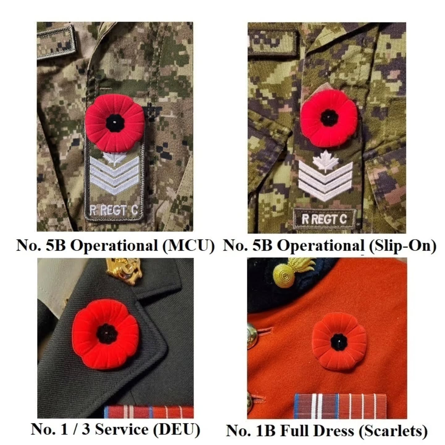 How to Wear the Poppy.
The Remembrance Day Poppy is authorized to be worn on all uniforms from the last Friday of October until Remembrance Day.
No. 5B Operational (CADPAT) - centered along the top seam of the velcro rank patch or rank slip-on.
No. 1 Accoutrements / No. 3 Service (DEU) - centered on the left lapel, below the collar badge.
No. 1B Full Dress (Scarlets) - centered on the left chest, parallel to the top button.
*Note: only the Royal Canadian Legion's standard silver pin or black poppy center pin may be used to secure the poppy when in CAF Orders of Dress. All other lapel pins (e.g. Canadian flag, etc) are prohibited. Indigenous crafted poppies that meet specified criteria are authorized in place of the RCL poppy.
Would you like to know more?
https://linktr.ee/royalregimentofcanada
Comment porter le coquelicot.
Le coquelicot du jour du Souvenir peut être porté sur tous les uniformes du dernier vendredi d'octobre jusqu'au jour du Souvenir.
N° 5B, uniforme opérationnel (CADPAT) : centré sur la couture supérieure de l'écusson de grade à scratch ou de l'insigne de grade.
N° 1, uniforme d'accessoires / N° 3, uniforme de service (DEU) : centré sur le revers gauche, sous l'insigne de col.
N° 1B, grande tenue (Écarlates) : centré sur la poitrine gauche, parallèlement au bouton supérieur.
*Remarque : seules l'épinglette argentée standard de la Légion royale canadienne ou l'épinglette noire à centre de coquelicot peuvent être utilisées pour fixer le coquelicot lors des tenues de cérémonie des FAC. Toutes les autres épinglettes (p. ex. drapeau canadien, etc.) sont interdites. Les coquelicots confectionnés par des Autochtones qui répondent à des critères précis sont autorisés à la place du coquelicot de la Légion royale canadienne.
Vous souhaitez en savoir plus ?
https://linktr.ee/royalregimentofcanada
#CanadianArmy #CanadianForces #CAF #soldier #IchDien #ReadyAyeReady #StrongProudReady #ArméeCanadienne #ForcesCanadiennes #FAC #soldat #IchDien #PrêtsAyésPrêts #FortsFiersPrêts