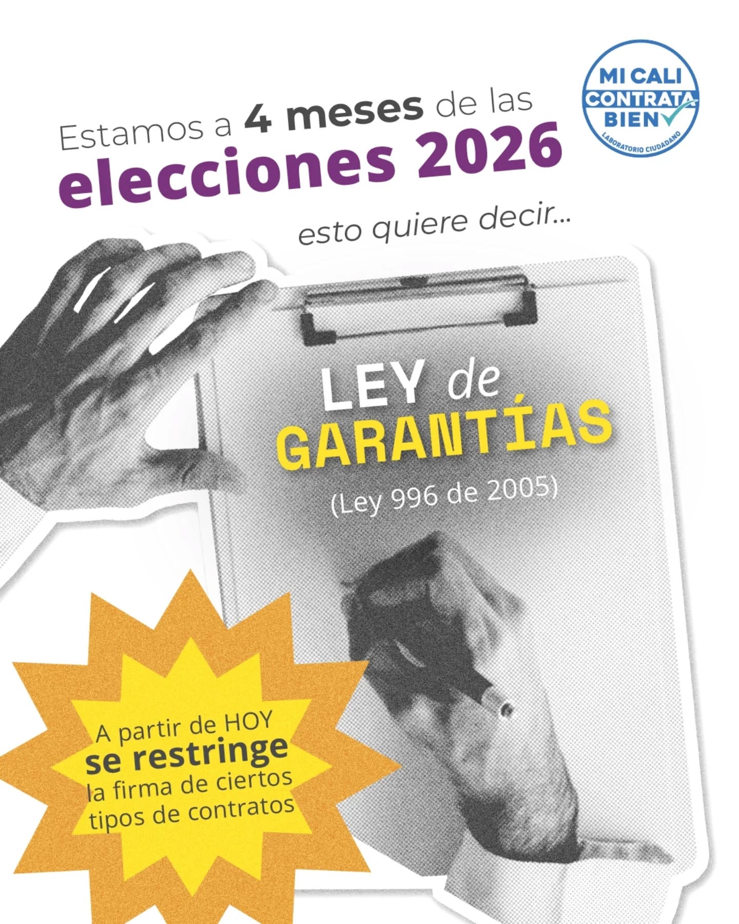 🗓️Faltan 4 meses para las elecciones al Congreso de la República 🗳️
🚨 Desde ahora entra en vigencia la #LeyDeGarantías, una norma que limita la firma de ciertos contratos públicos antes de las elecciones.
📘 Aquí te contamos 👇🏽
🔹 En qué consiste
🔹 Qué tipo de contratos restringe
🔹 Y hasta cuándo aplica
#LeyDeGarantías #Elecciones2026 #BuenGobierno #Transparencia