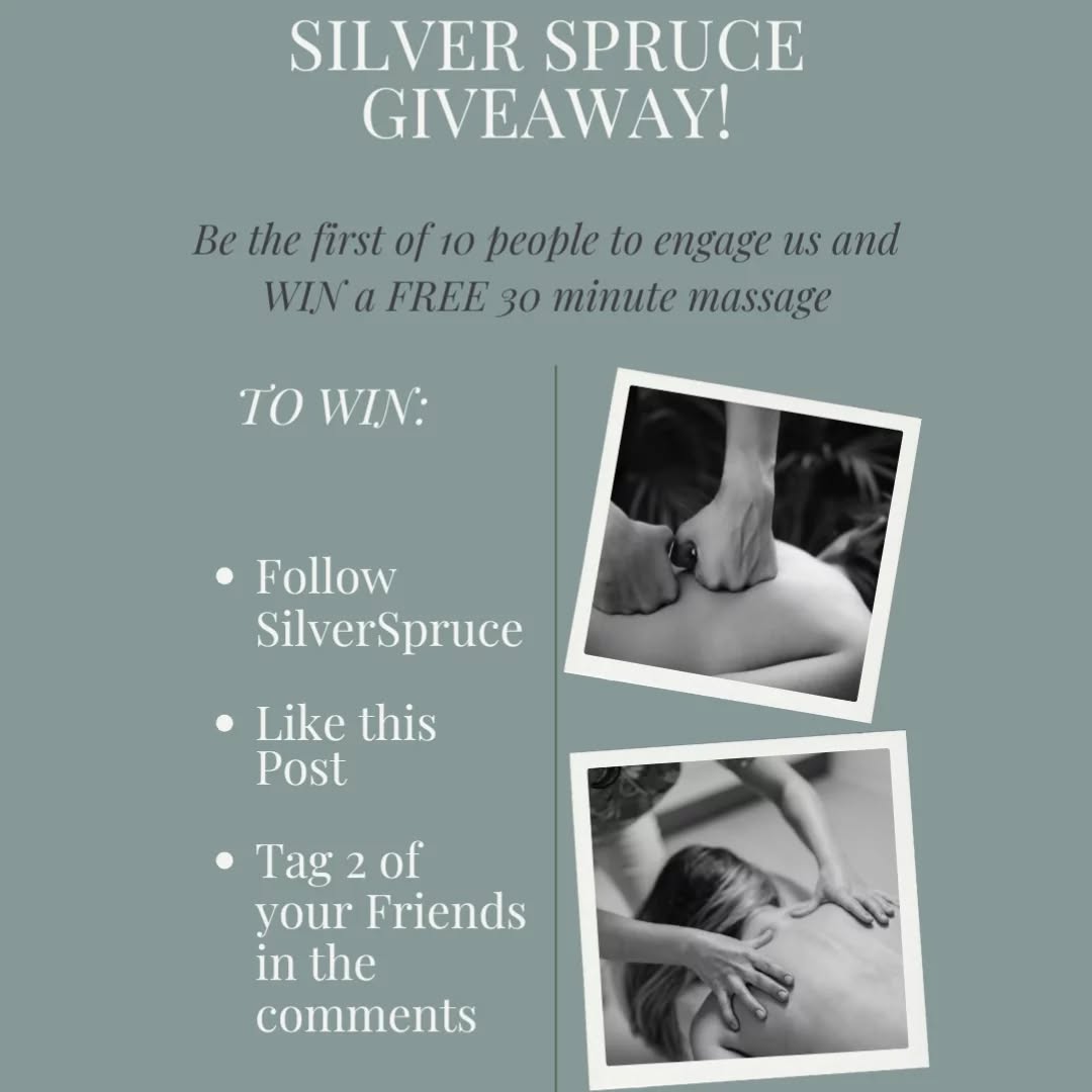 It's Give Away time!
Be one of the first 10 people to Follow, Like and Tag two friends in the comments and win a FREE 30 minute massage with Jaxon Forbes RMT.
Disclaimer: massages must be redeemed before December 20 2025.
Silver Spruce Naturopathic
905-554-5599
www.silverspruce.ca
#massagetherapy #rmtmarkham #selfcare #wellnessclinic #socialmediaforthewin #winbig
