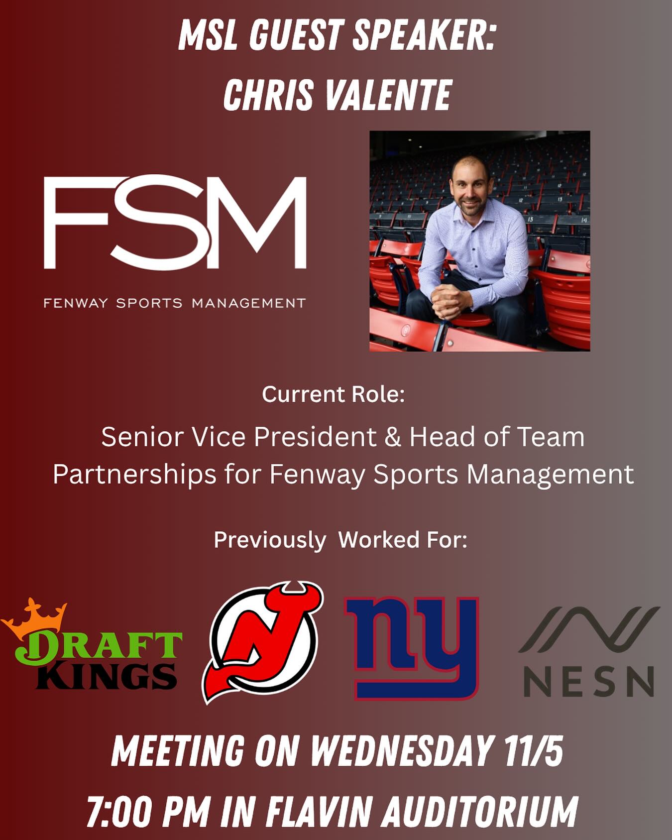 We’re thrilled to introduce our guest speaker for tomorrow’s meeting, Chris Valente! Chris has over 20 years of experience in the sport industry and has worked for many high profile organizations!