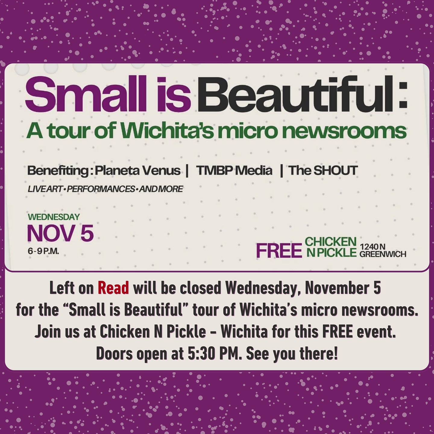 šLeft on Read will be closed Wednesday, November 5 in preparation for Small Is Beautiful: A Tour of Wichitaās Micro Newsrooms, benefiting Planeta Venus, TMBP Media, and The SHOUT.
āØWeāre proud that TMBP Media, producer of the BLACK in One Piece⢠podcast and other original content, is now officially operating out of Left on Read.āØ
šļøThat means the stories, conversations, and community you hear on our platforms are being created right here in the space you love.
Join us tomorrow at Chicken N Pickle ā Wichita for this FREE event celebrating local journalism, art, and storytelling.
āØDoors open at 5:30 PM. See you there!