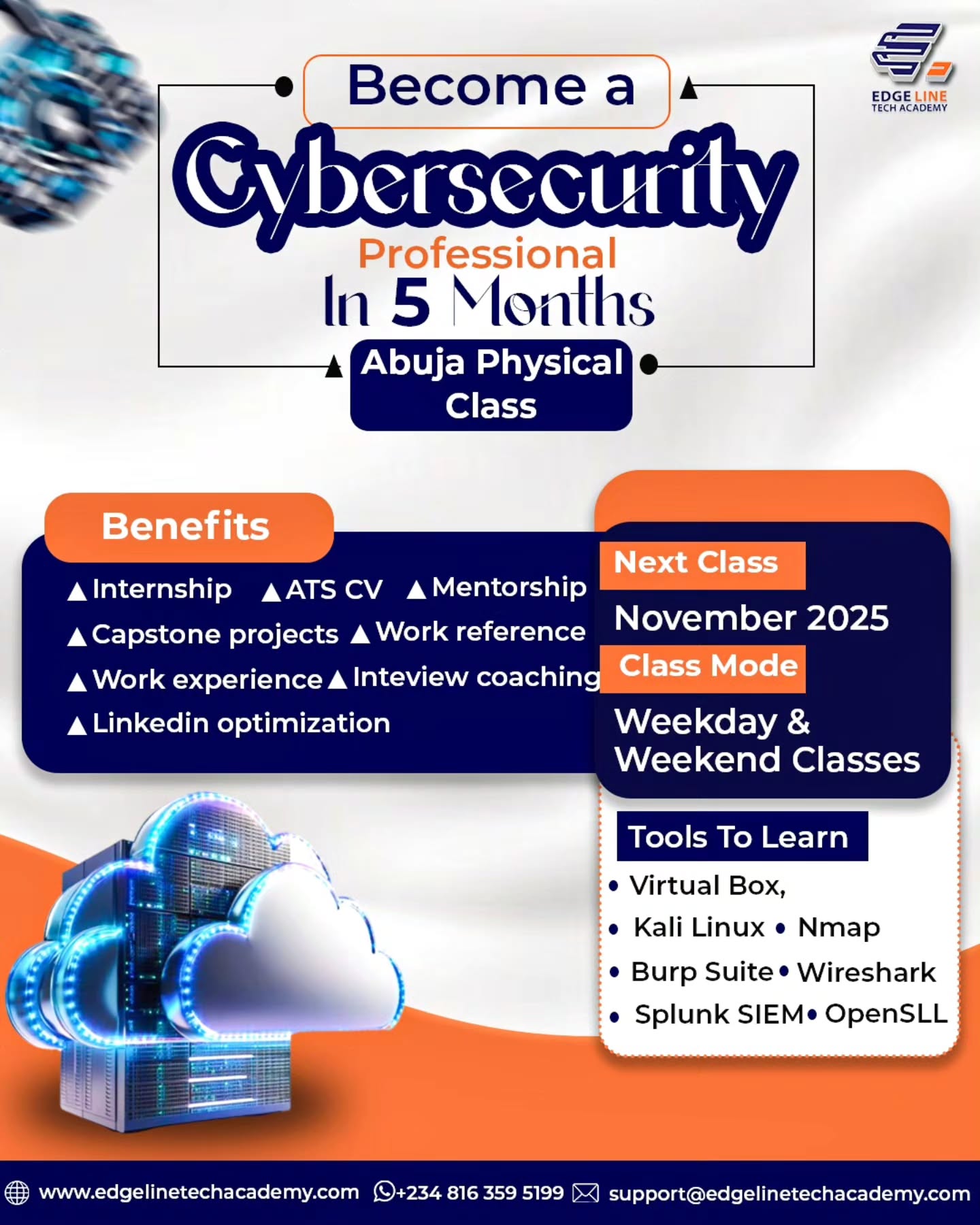 Learn Cybersecurity in 5 Months in Abuja!!
The world is getting hacked. It's time you learn to defend it👩💻
Cybersecurity isn't optional anymore, it’s survival in today’s digital world, as:
📍Global threats are rising.
📍 Tech jobs are booming.
📍 Cybersecurity pros earn BIG — and work from anywhere.
But while you're scrolling, others are learning skills that change their lives.
At Edge Line Tech Academy, we train you from scratch to become a globally employable cybersecurity professional, with:
📌 Hands-on labs
📌 Real-life application
📌 Ethical hacking
📌 Mentorship + Internship
No tech background? No problem. We start from zero — and take you to hire-ready.
Next class starts November 2025.
Limited slots available.
Call now to reserve your seat.
#CyberSecurityTraining #EdgeLineTechAcademy #EthicalHacking #TechSkills #CyberJobs #RemoteWork #DigitalDefenders #TechInNigeria #LearnCyberSecurity #CareerInTech