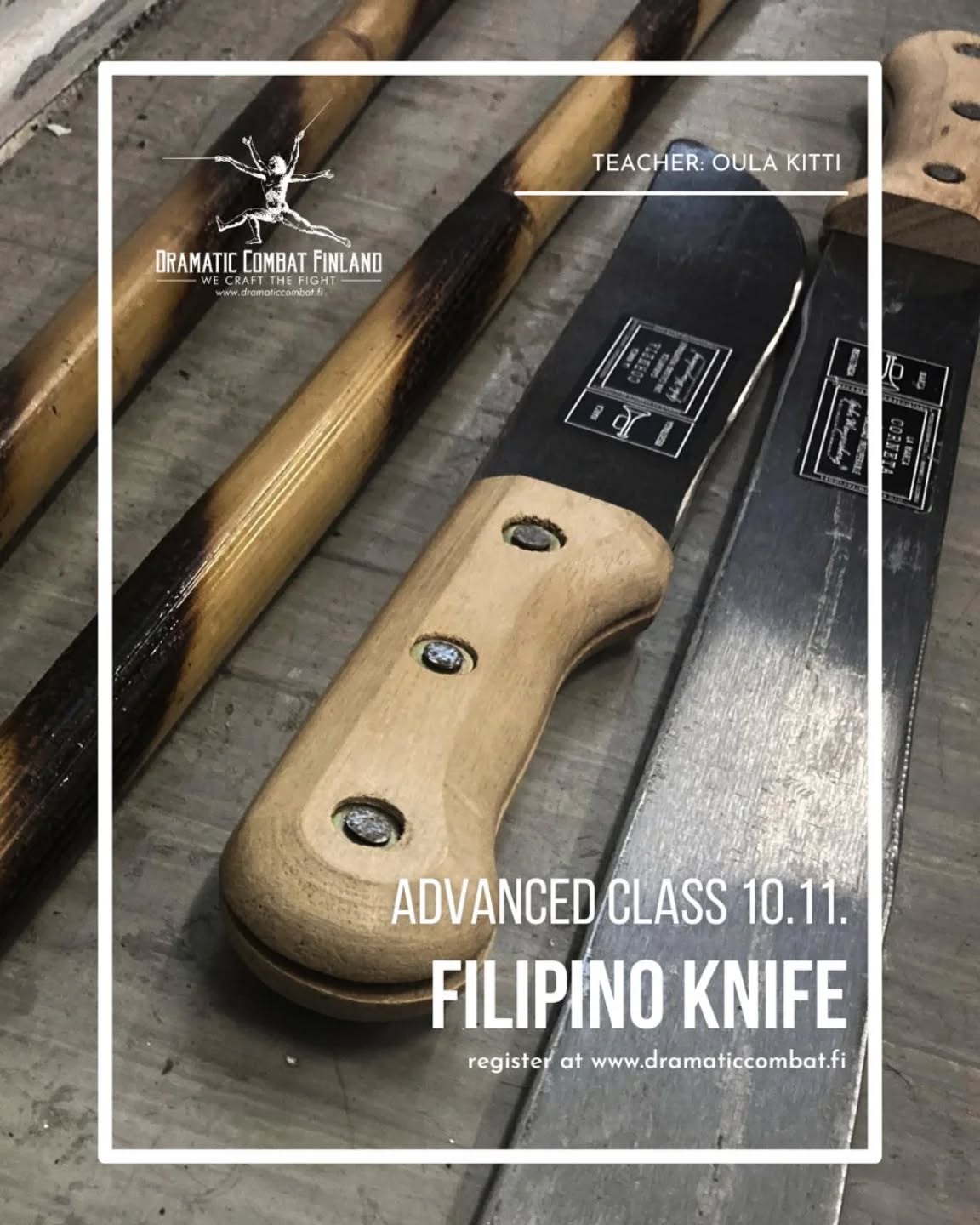 Advanced students: we have a new advanced class offering next Monday 19:30-21:30 at Skillz Gym.
Filipino Knife with Oula Kitti - Come train with our very own Oula Kitti in his favorite style of knife work. He has trained and choreographed in this style for many years and has a lot of knowledge to share. Come and join us for this gritty, close-quarters style!