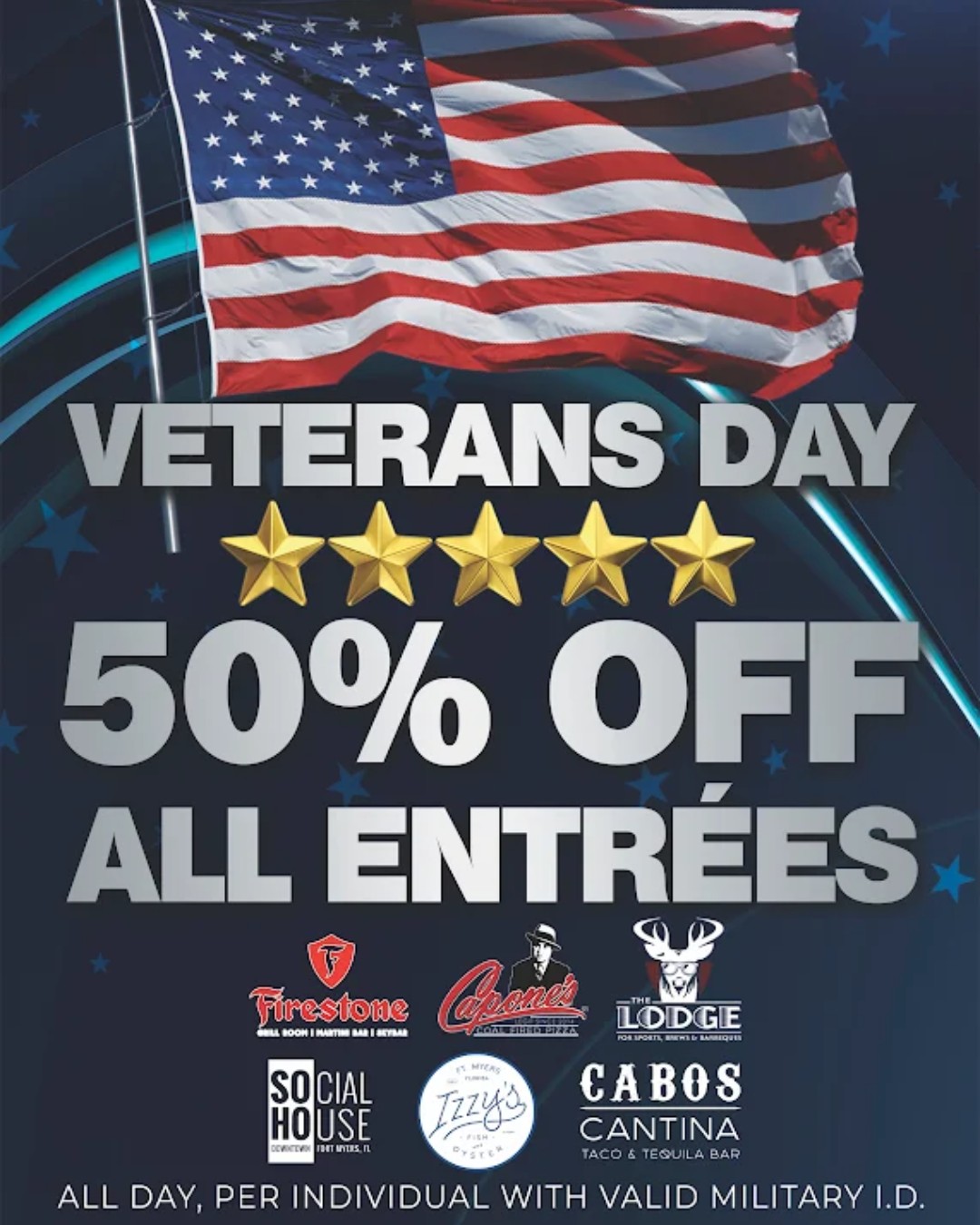 In honor of those who have fought for our freedom, we are offering 50% off entrees to all Veterans — all day Tuesday, November 11th!
#ThankYou #VeteransDay #Heros #FortMyers #SouthwestFlorida