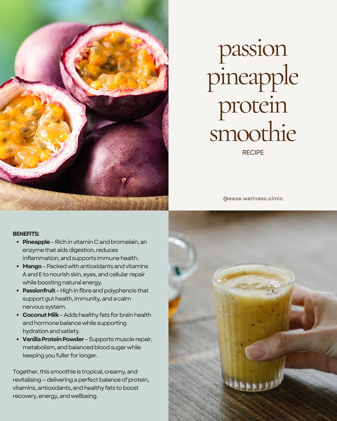 🍍 Passion Pineapple Protein Smoothie ✨
Sunshine in a glass — this tropical blend of pineapple, mango, passionfruit, and banana is the perfect way to nourish your body and boost your energy naturally. 🌿
Packed with vitamin C, antioxidants, healthy fats, and protein, it supports:
💛 Immune health
💛 Digestion and gut balance
💛 Muscle recovery and steady energy
💛 Glowing skin and vibrant mood
Creamy coconut milk, zesty lime, and a touch of honey bring it all together for a refreshing, feel-good smoothie that’s as delicious as it is nourishing. ✨
#EaseWellness #NourishWithEase #HealthySmoothie #HolisticHealth #WellnessWithEase #HurlstoneParkCommunity #MindBodySpirit