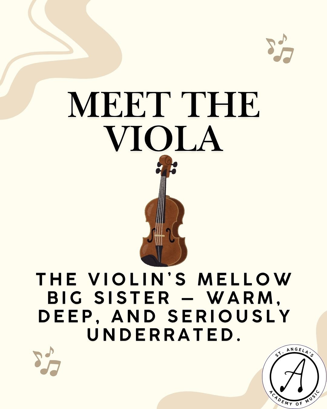 Meet the viola 🎻 (featuring Aoife Dwyer, our newest violist here at the Academy)
The violin’s cooler cousin 🎶😌 The viola’s warm, rich tone adds depth to the orchestra.
Ready to starting learning the viola at St. Angela’s Academy? Sign up via our website ✨