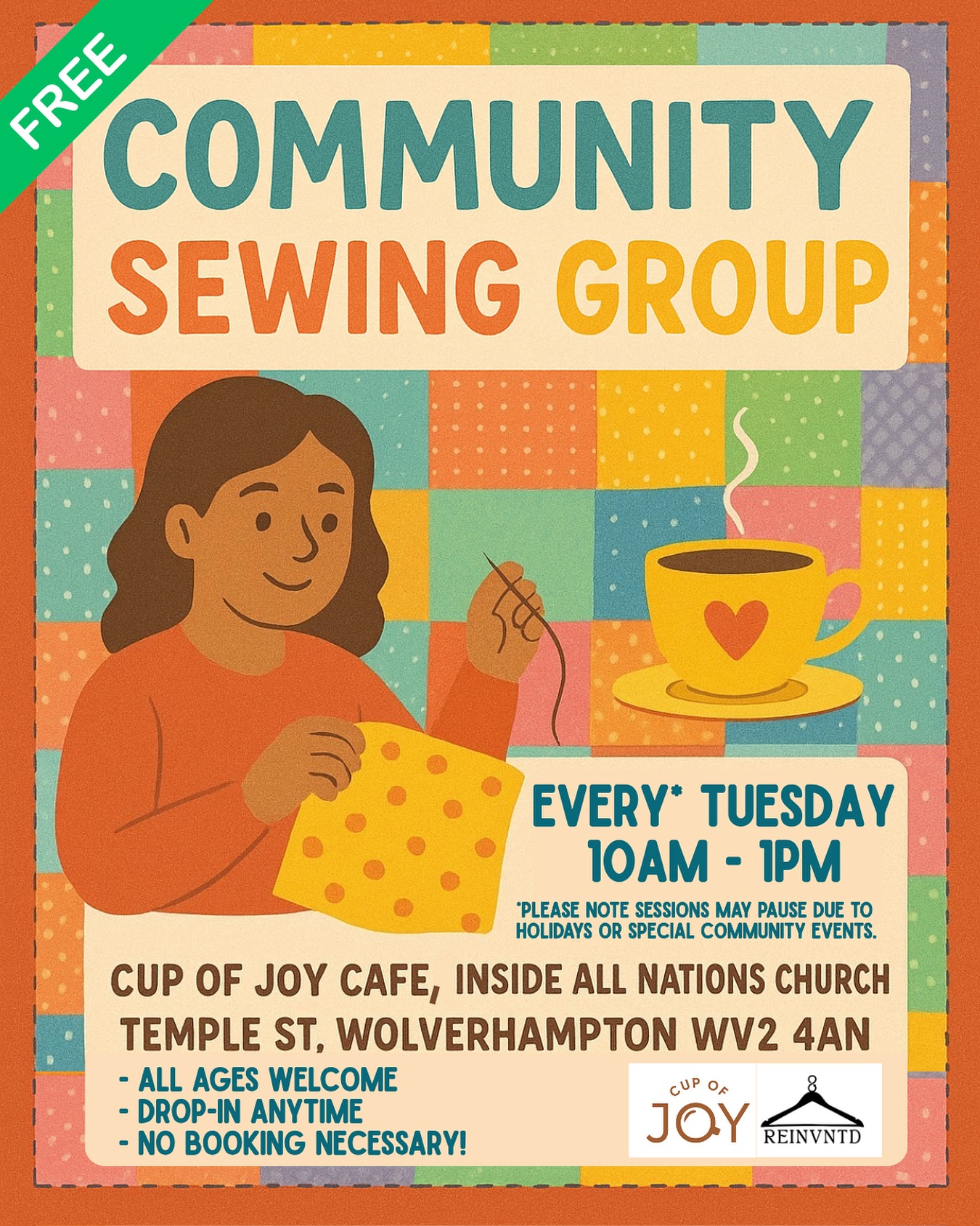 We’re sew excited to announce our new partnership with @cupofjoy.uk 🤩☕️🪡❤️
Looking to get creative, meet new people, or just enjoy a relaxing morning with a cuppa?
Come along to our FREE, weekly sewing group at Cup of Joy Café, inside All Nations Church, Wolverhampton.
📅 Every Tuesday from 18th November 2025
🕙 10am – 1pm
📍 All Nations Church, Temple St, Wolverhampton WV2 4AN
All ages and skill levels welcome.
No booking needed, just drop in anytime!
Tag a friend who’d love to come along, we can’t wait to see you there! 🧵✨
#SewExcited #CommunitySewing #CupOfJoyCafe #WolverhamptonCreatives #SewcialClub #CraftCommunity #FreeEvent #SewFun #WolverhamptonEvents #StitchAndSip