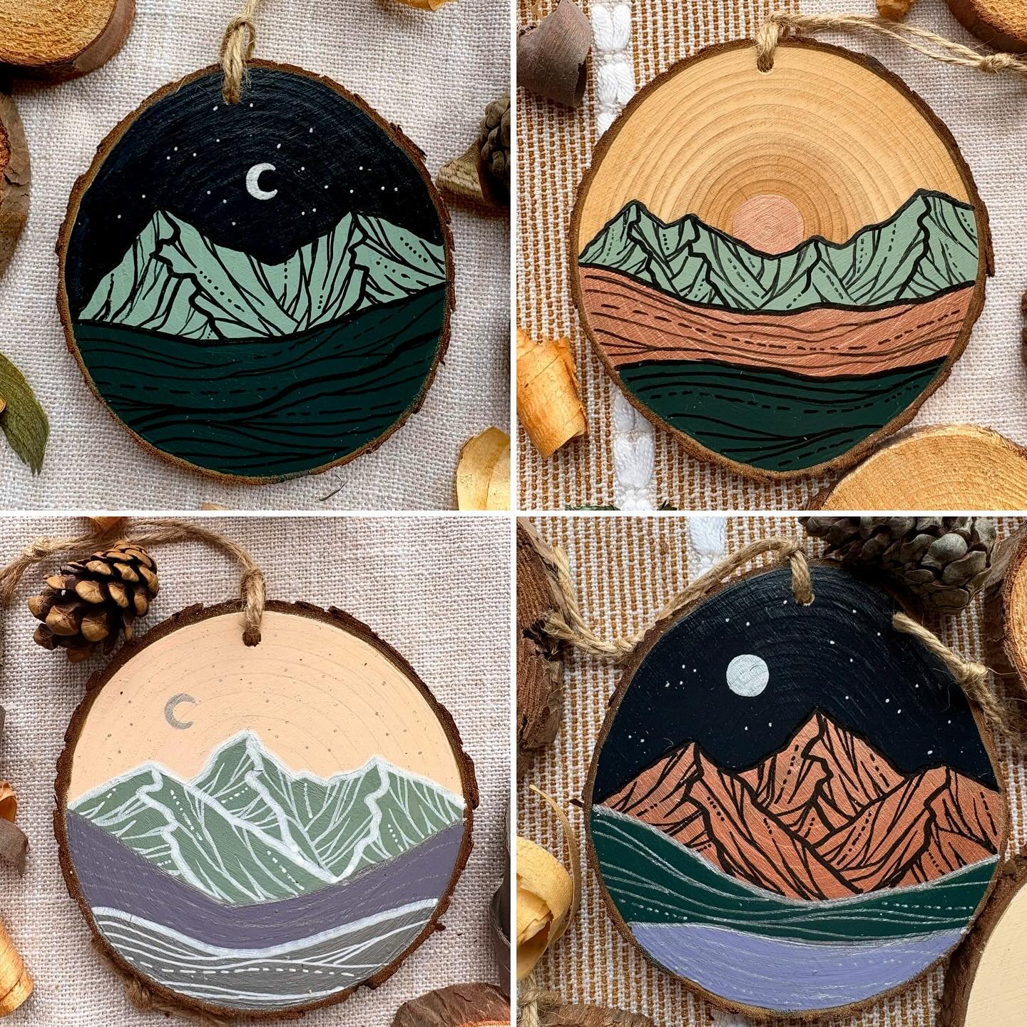 Every year I find myself painting wood slice mountain ornaments again — not because I have to, but because it always brings me back to center. These little wood slices remind me that art doesn’t have to be big or loud to mean something.
#woodsliceornament #handpaintedornaments #madeinidaho #mountainartist
