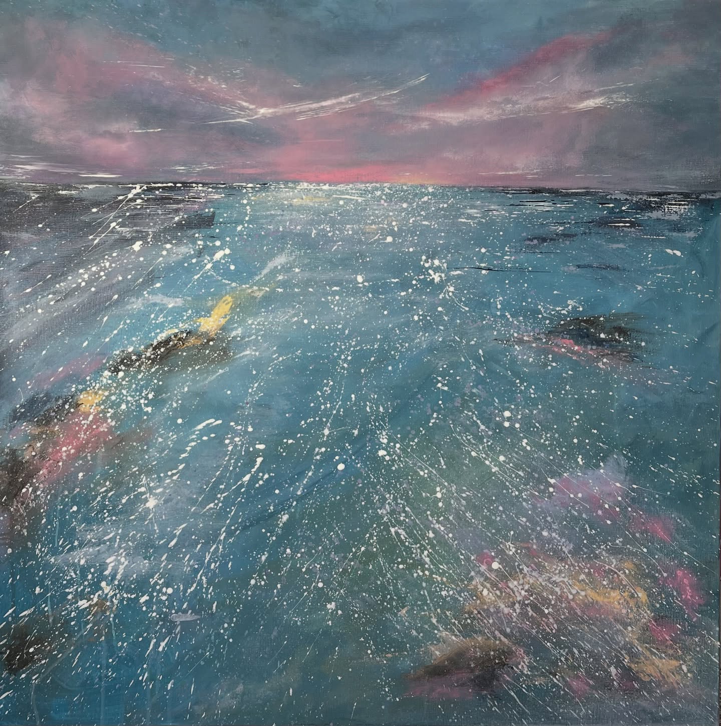Finished! I wasnāt planning to use pink on this one but it snuck onto my palette! š Iām going to hide the pink away for my next one Iām planning. Iām thinking stormy, browns and greys to go with the weather! #artforsale #affordableart #seascapepainting #exmouth