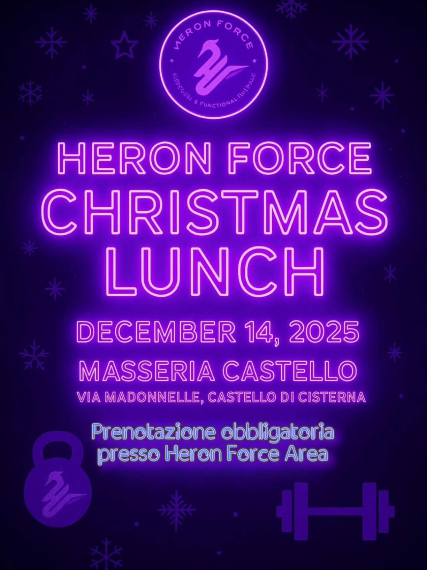 🎄 Christmas Lunch Heron Force – 14 Dicembre 2025 🎅🏻
Un momento per festeggiare insieme tra buon cibo, risate e la nostra inconfondibile energia di squadra 💪✨
📍 @masseriacastello – Via Madonnelle, Castello di Cisterna
Non mancare a questo appuntamento speciale: prenota il tuo posto scrivendoci in DM! ❤️
•
•
#heronforce #christmaslunch #community #togetherstronger #nataleheronforce