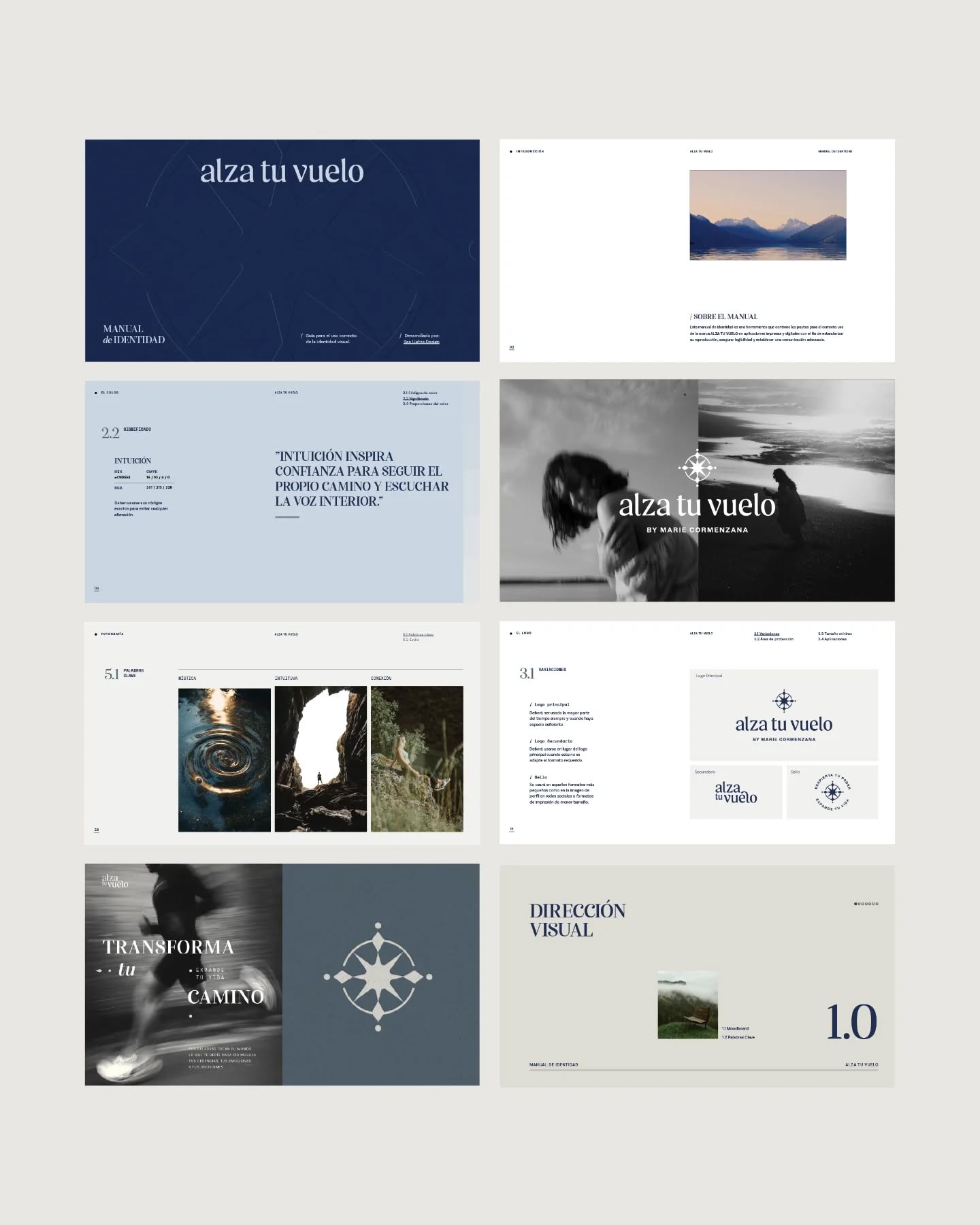 Manual de Identidad para Alza tu vuelo. Una marca de Coaching ubicada en Argentina.
Para su identidad buscamos transmitir adjetivos como mística, empática, profunda, cercana e inspiradora, capaz de reflejar la magia sutil que ocurre cuando recuperamos claridad y enfoque.