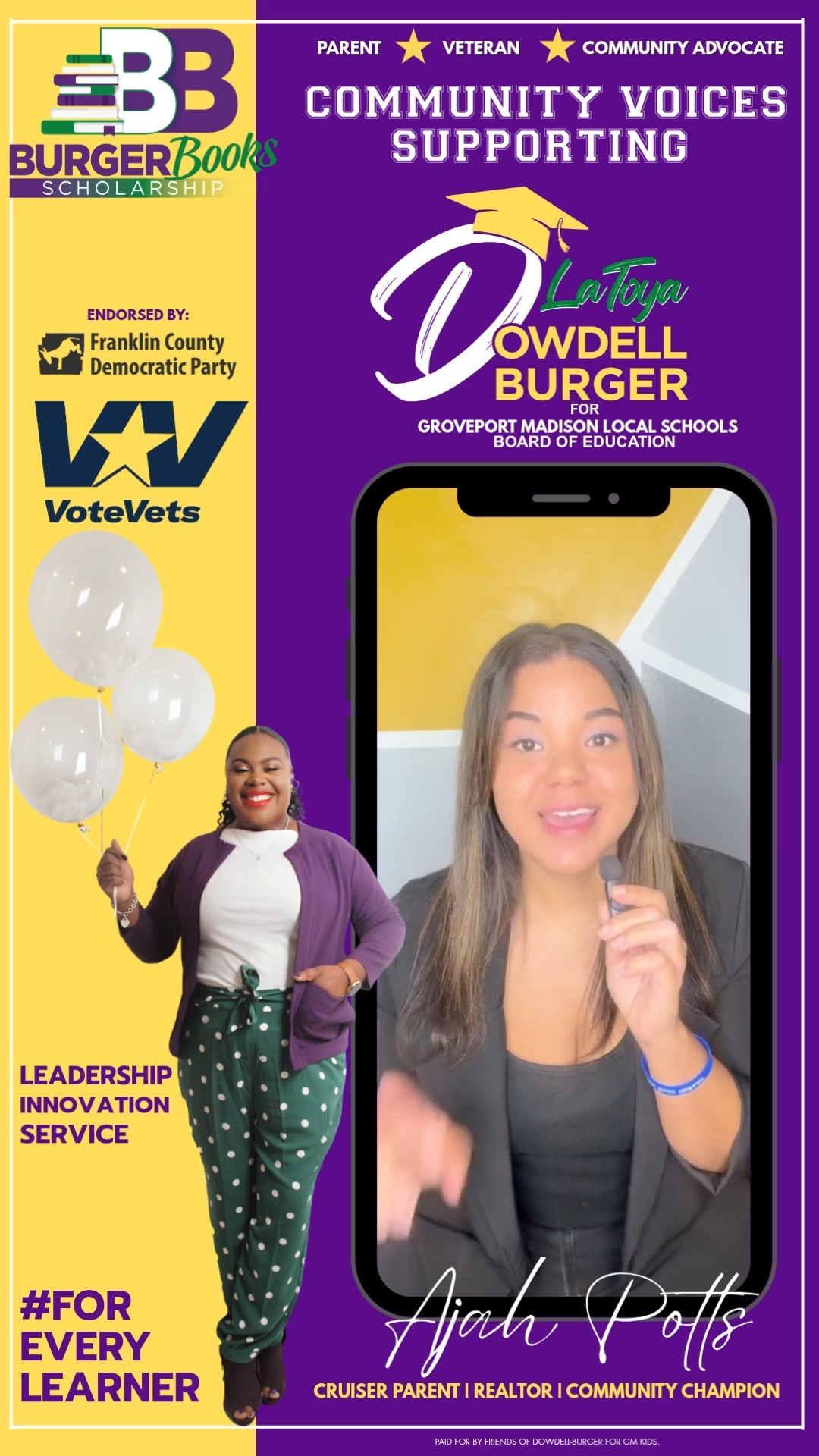 🏡Community 📣 Voices Supporting 🎓 Dowdell-Burger for 🐎 Groveport Madison Schools 💜💚💛
It is so important to connect with our community! 🤝 Being able to connect within our district and surrounding areas helps us find innovative and collaborative ways to support the Whole Child.
Thank you, Mrs. Ajah Potts for your support. She is a Cruiser Parent, Realtor (an amazing one at that) and Community Champion. 🖤❤️ Checkout what she had to say. ⬇️
"For every student and for every learner, re-elect LaToya Dowdell-Burger." 🍎📚✏️
#DowdellBurgerForGMS #Everylearner #leadership #innovation #service #votedowdellburger