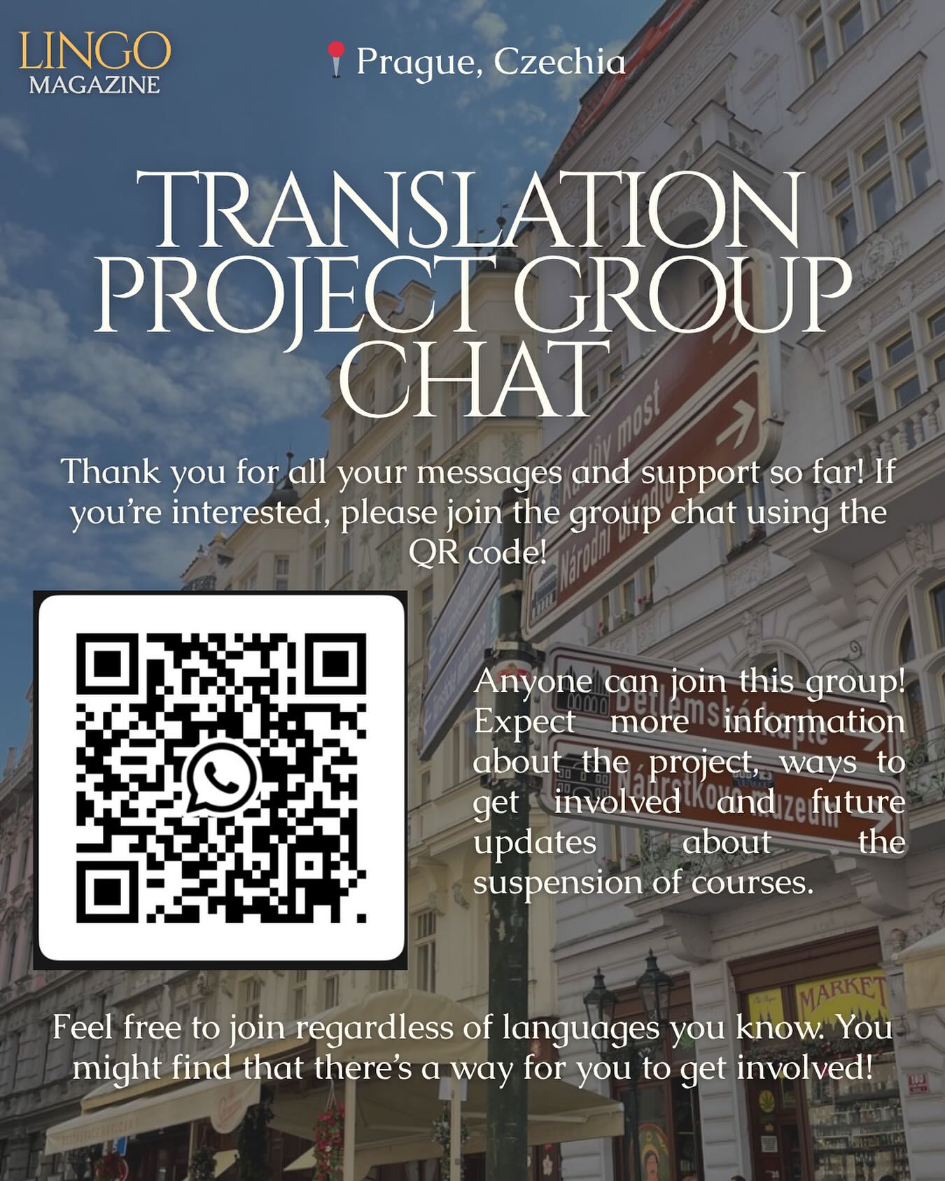 Thank you to everyone who reached out about our project! It’s amazing to see so many people wanting to get involved, both student and alumni alike. To connect everyone together, we’ve made a group chat to get the project up and running, connecting you with others and our articles you can translate. Feel free to join regardless of the languages you speak. Keep spreading the word and support the affected courses!
(Photo credits: Robin Greenwood)