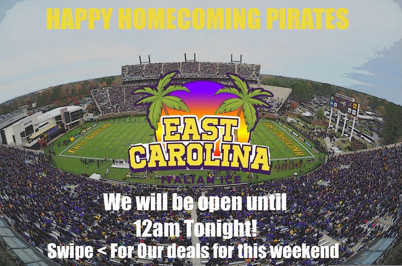 HAPPY HOMECOMING PIRATES!🏴☠️ ☠️
SWIPE FOR OUR DEALS FOR THIS WEEKEND
Good luck to the Pirates FootballTeam!💛💜
These deals last until Monday. Check our pinned post for our hours.
#ecu #ecice #greenvillenc #ecupirates #ecuhomecoming