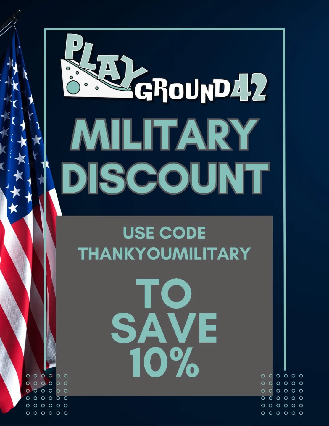 This was overdue. We have a military discount code now!! Apply this code at checkout to save 10% on any service (open play, memberships, parties). Thank you for your service!
#military #militarydiscount #Playground42