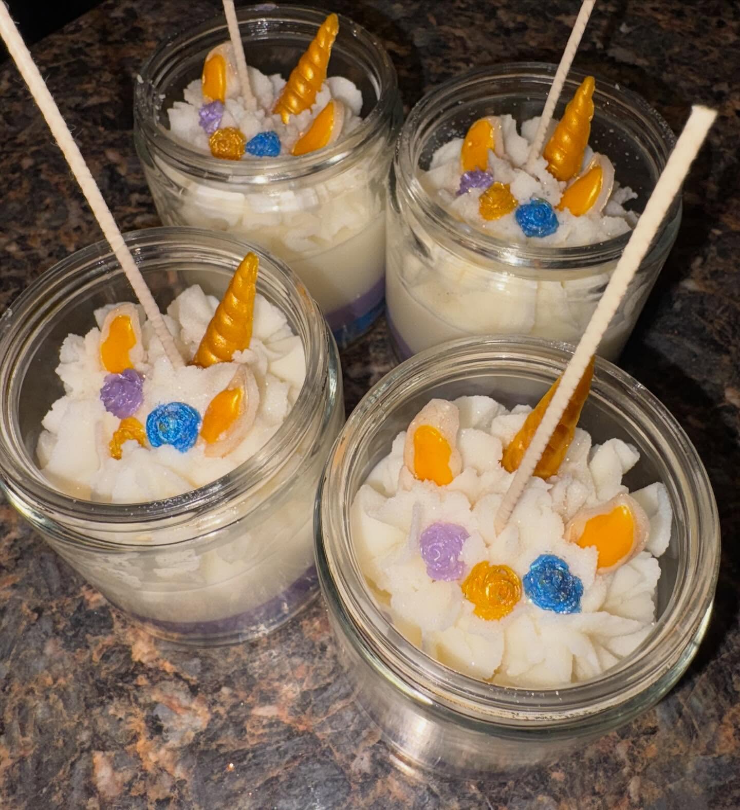 Unicorn themed candles , made with sparkles โจ and scented like cotton candy ๐ฌ