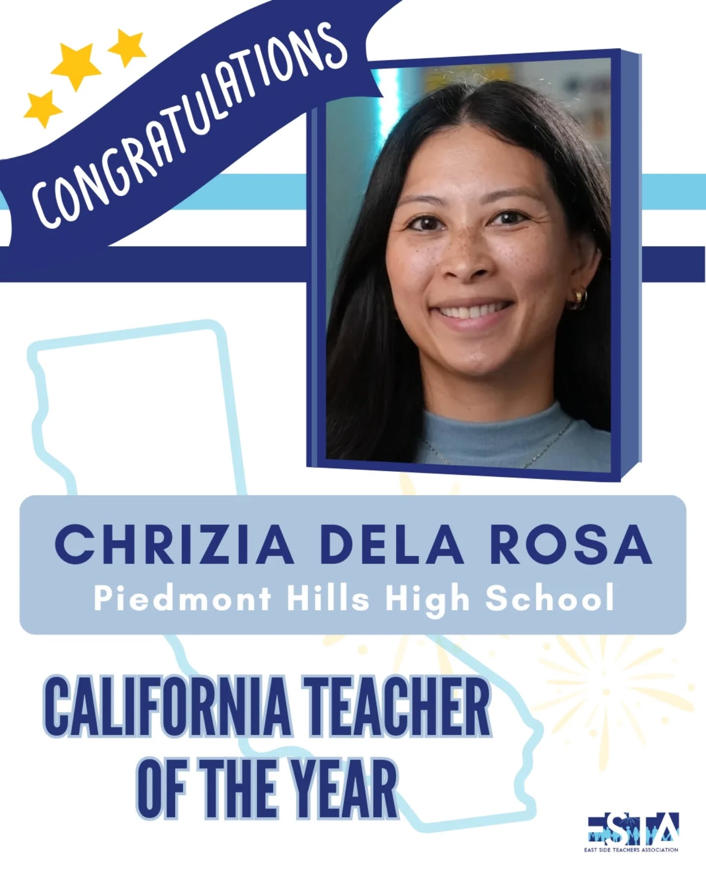 Chrizia Dela Rosa, one of our ESTA members and math teacher at Piedmont Hills High School, has been honored as one of 5 California Teachers of the Year!
Congratulations to her and her exceptional dedication to our students and community!
She was previously honored as ESUHSD Teacher of the Year back in October.
---
#wearesta #wearecta #teacher #californiaeducator #teacheroftheyear