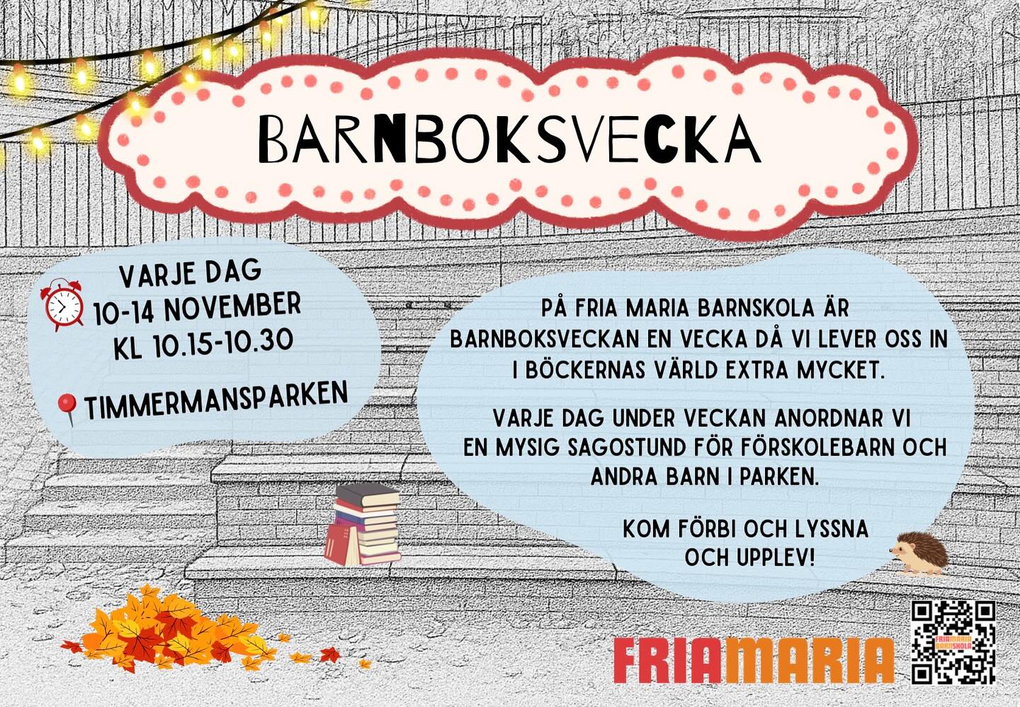 Välkommen till Barnboksveckan i Timmermansparken! Varje dag kl. 10.15 läser våra pedagoger och elever sagor och berättelse för förskolebarn i åldrarna 3-5. Välkomna!
🦄🐲🧌🌳❣️
@onskeforskolan @fsk_tullstugan_mattbandet @kompiskraft @mariaforskolor @koket_pa_regnbagsverkstan @regnbagsverkstansforskola @forskolanior @jensen_forskola_zinkensdamm @mariagardensforskola2kok @forskolan_lyckan_sodermalm @forskolanbonk @forskolaneudora
