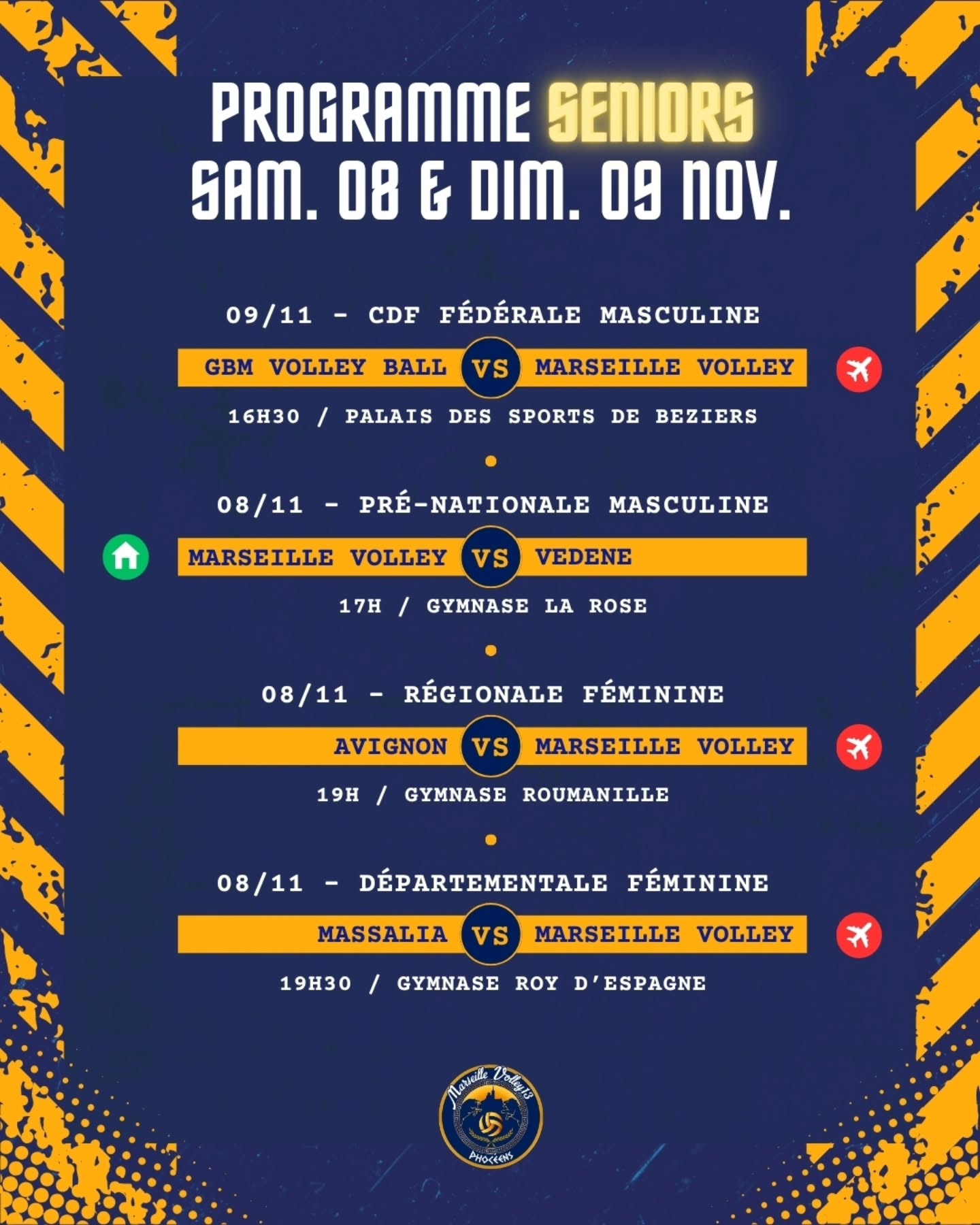 Nos équipes jeunes et seniors vous attendent nombreux pour les matchs de ce week-end 💥
📍 Gymnase Vallier, La Rose & Gibraltar
👉 Au programme à domicile
• La CDF M18G
• La Pré-Nationale G
• Les M15F A & B
Venez encourager nos Phocéens et partager votre énergie 💪🔥